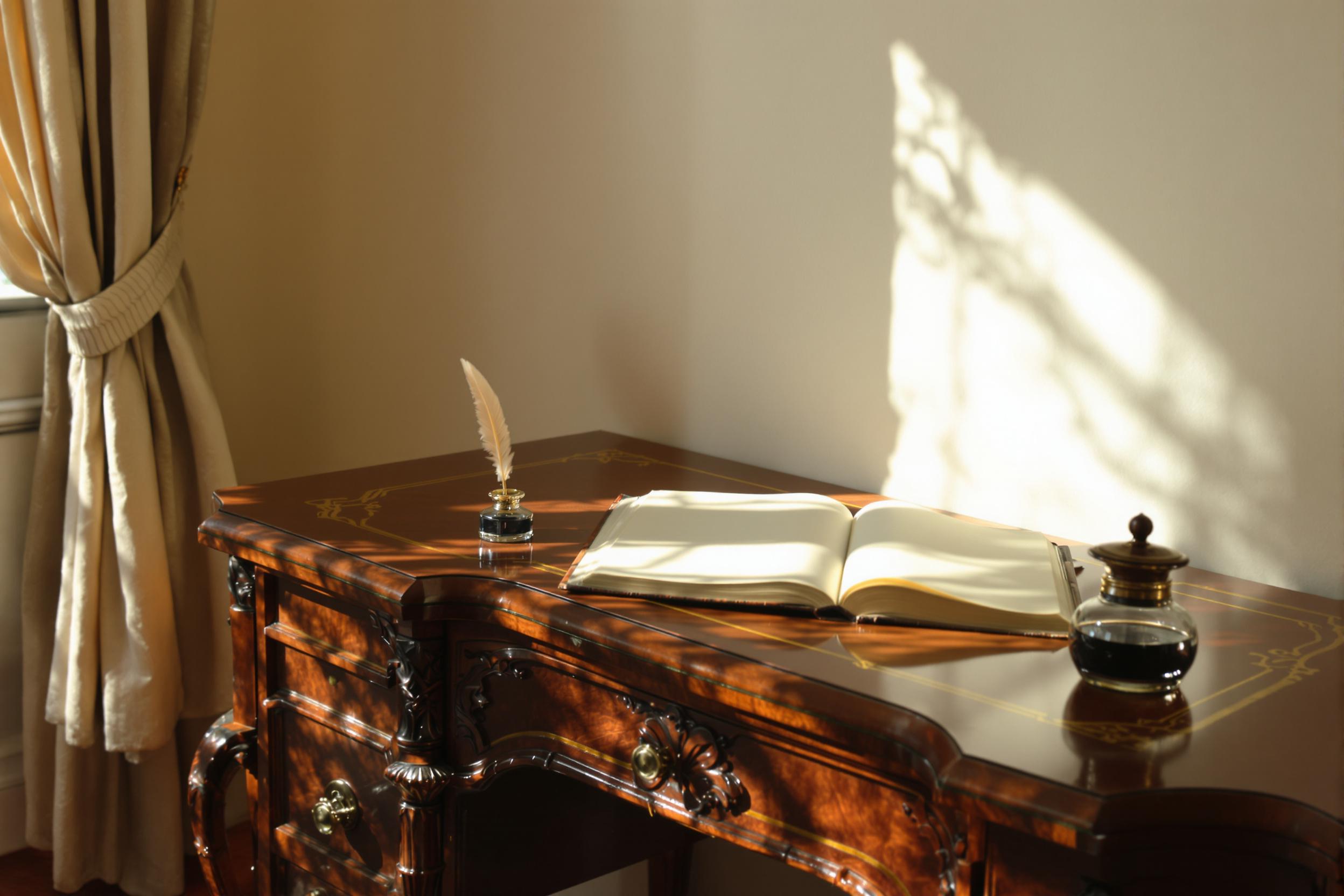 An elegant vintage writing desk sits against a softly lit wall in a quaint interior. The rich wood showcases intricate carvings, while an open leather-bound journal rests invitingly beside a classic inkpot filled with dark ink. A quill pen lies poised as sunlight filters through nearby drapes, casting gentle shadows, highlighting the nostalgic charm of this creative space.