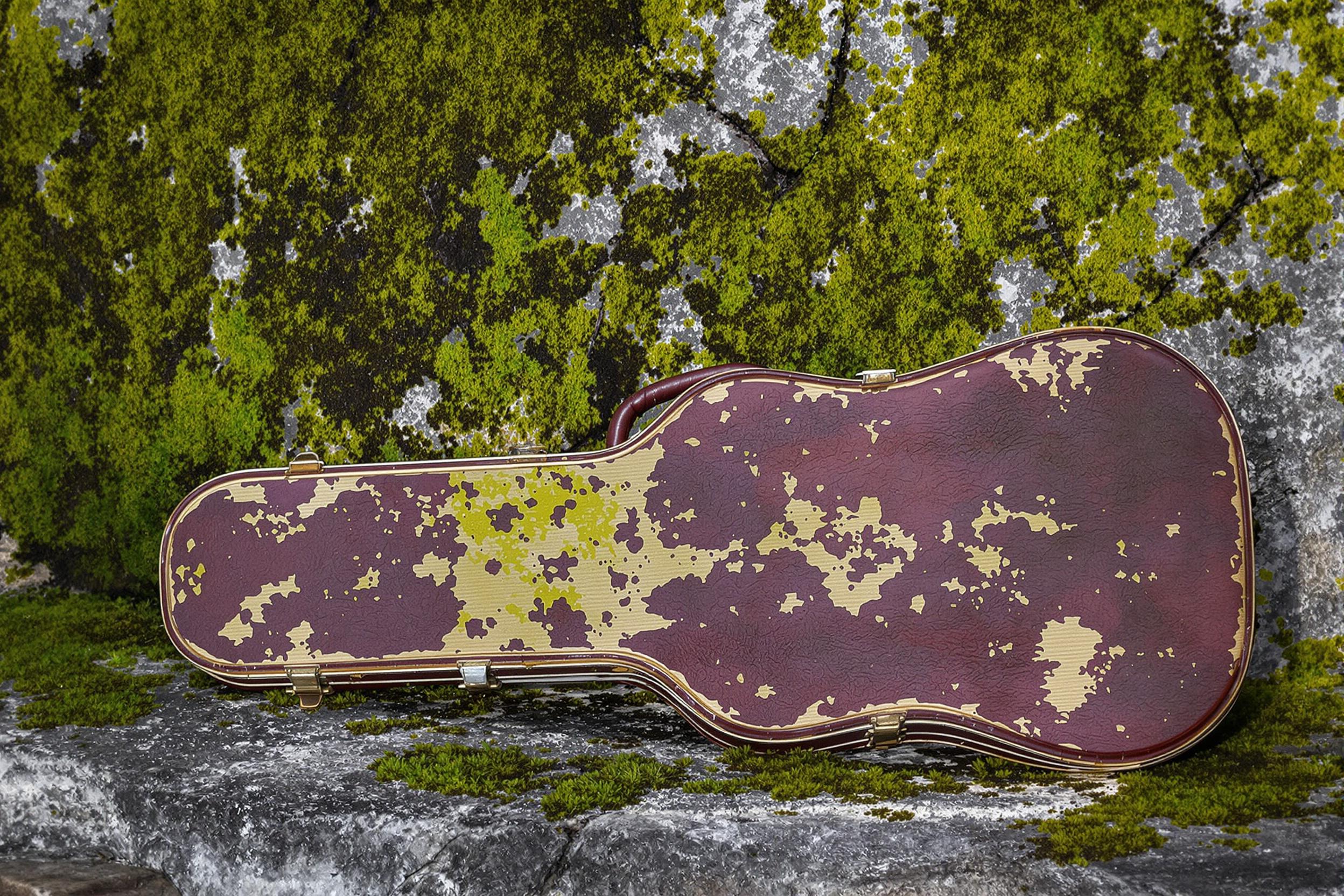 A weathered violin case, its rusted latches and peeling surface hinting at years of abandonment, leans against a moss-covered stone wall. The dark green moss contrasts vividly with the faded burgundy leather of the case. Subtle diffused late afternoon sunlight highlights textured surfaces, while cracks in the wall create depth.