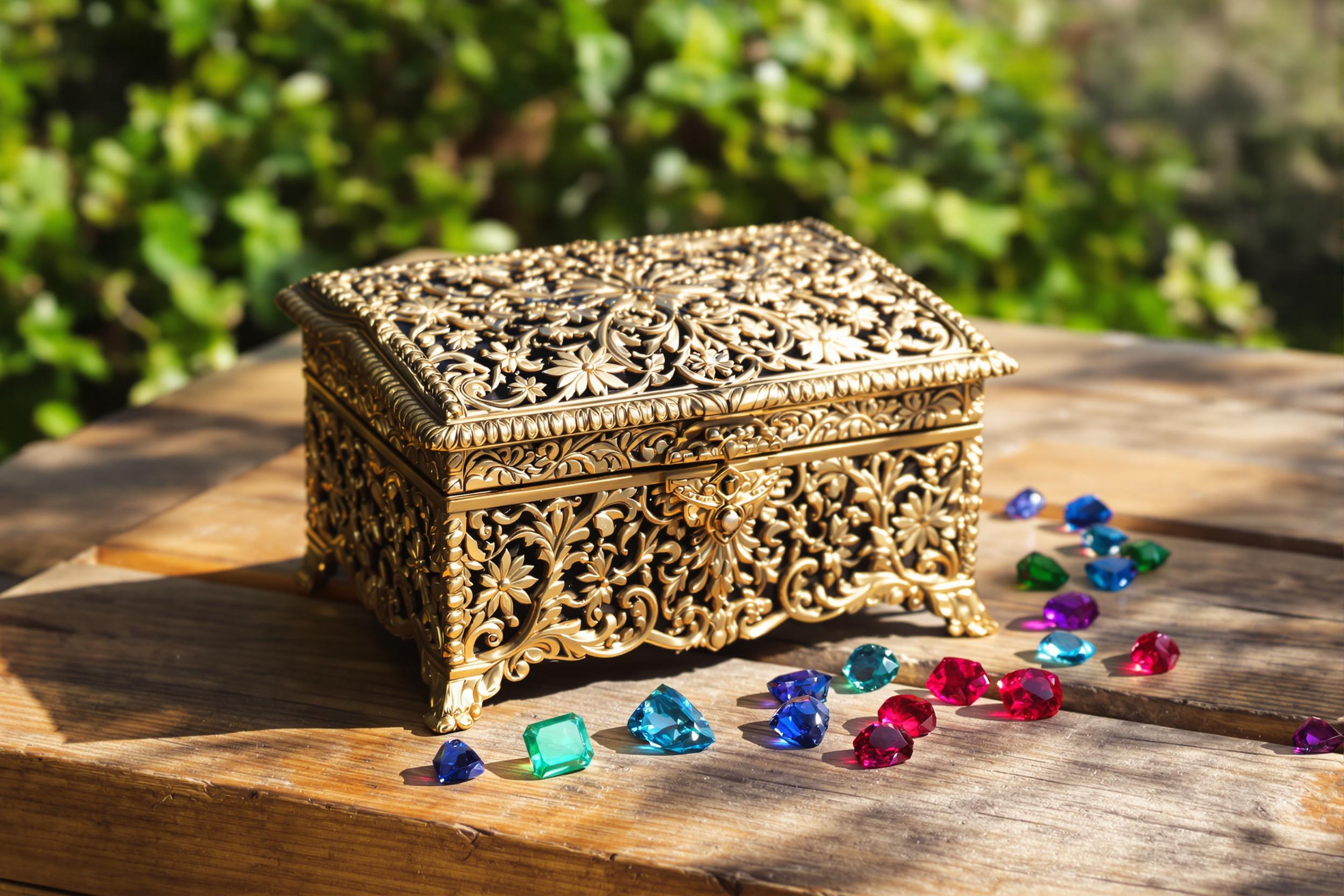 An ornate vintage jewelry box sits elegantly atop a rustic wooden table, its intricate carvings gleaming softly in the afternoon light. Surrounding it, scattered gemstones in emerald green, sapphire blue, and ruby red add bursts of color against the natural wood backdrop. The soft, diffused sunlight enhances the textures of both the box and the gems, creating a harmonious and inviting scene.