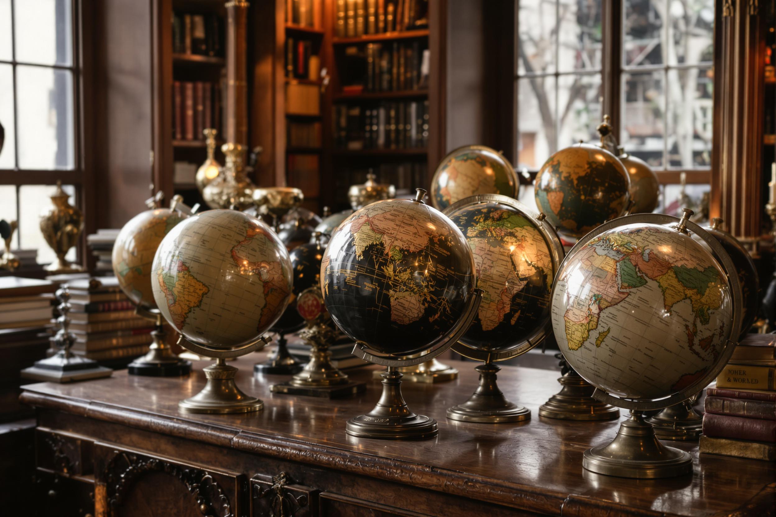 An array of antique globes rests atop a polished wooden table in a cozy vintage library. Dust motes dance in the soft, warm light filtering through tall windows, illuminating the richly textured surfaces of the globes, each showcasing different geographical features in faded colors. Beside them, stacks of weathered leather-bound books and brass decor create an inviting scholarly ambiance.