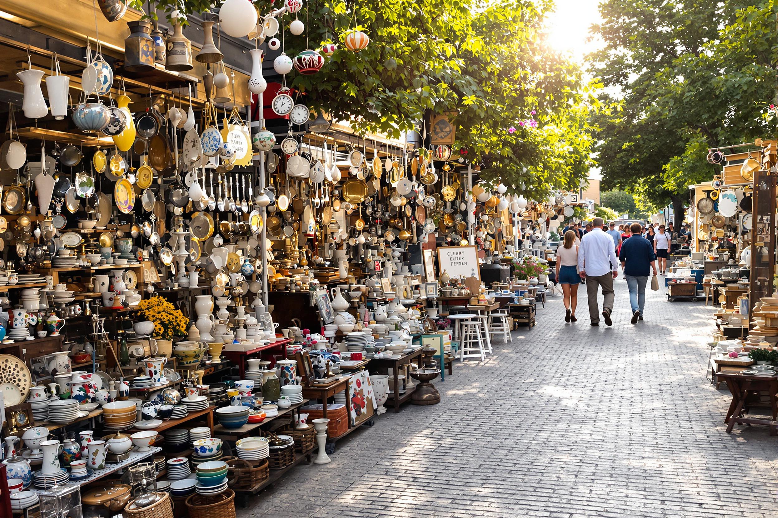 A vintage market unfolds under the gentle glow of the late afternoon sun. Stalls laden with an array of antique treasures—from tarnished silverware to colorful retro ceramics—create an inviting tapestry for shoppers. Patrons, dressed casually yet stylishly, mingle among the displays while delicate shadows play across the cobblestone path.