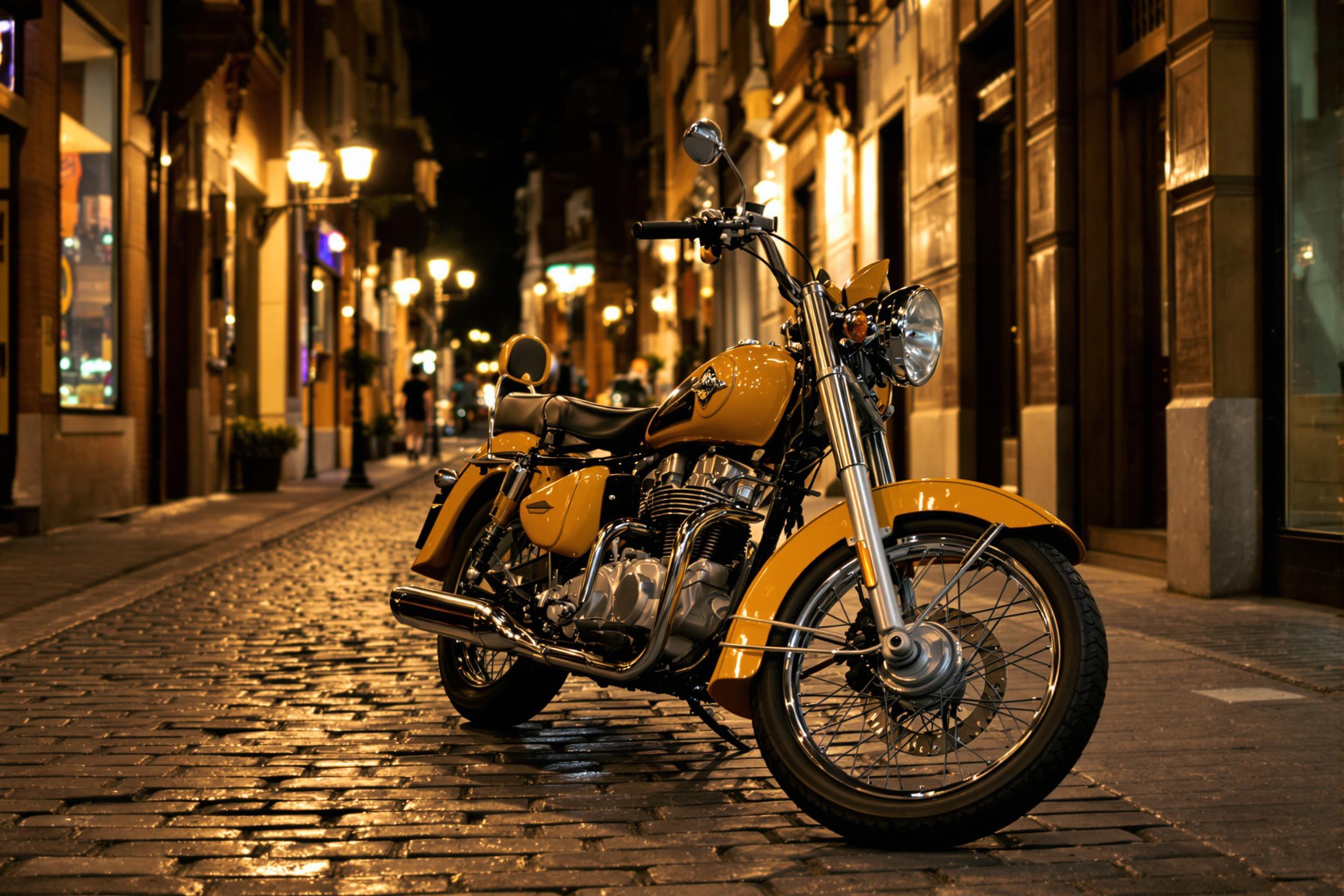 A vintage motorbike is parked gracefully on a weathered cobblestone street in an illuminated urban alley. The warm glow from nearby street lamps casts soft light over the bike’s polished chrome details and vibrant paint. Rich textures of the cobblestones enhance the nostalgic atmosphere, while softly blurred storefronts hint at life beyond the scene, creating a sense of exploration.