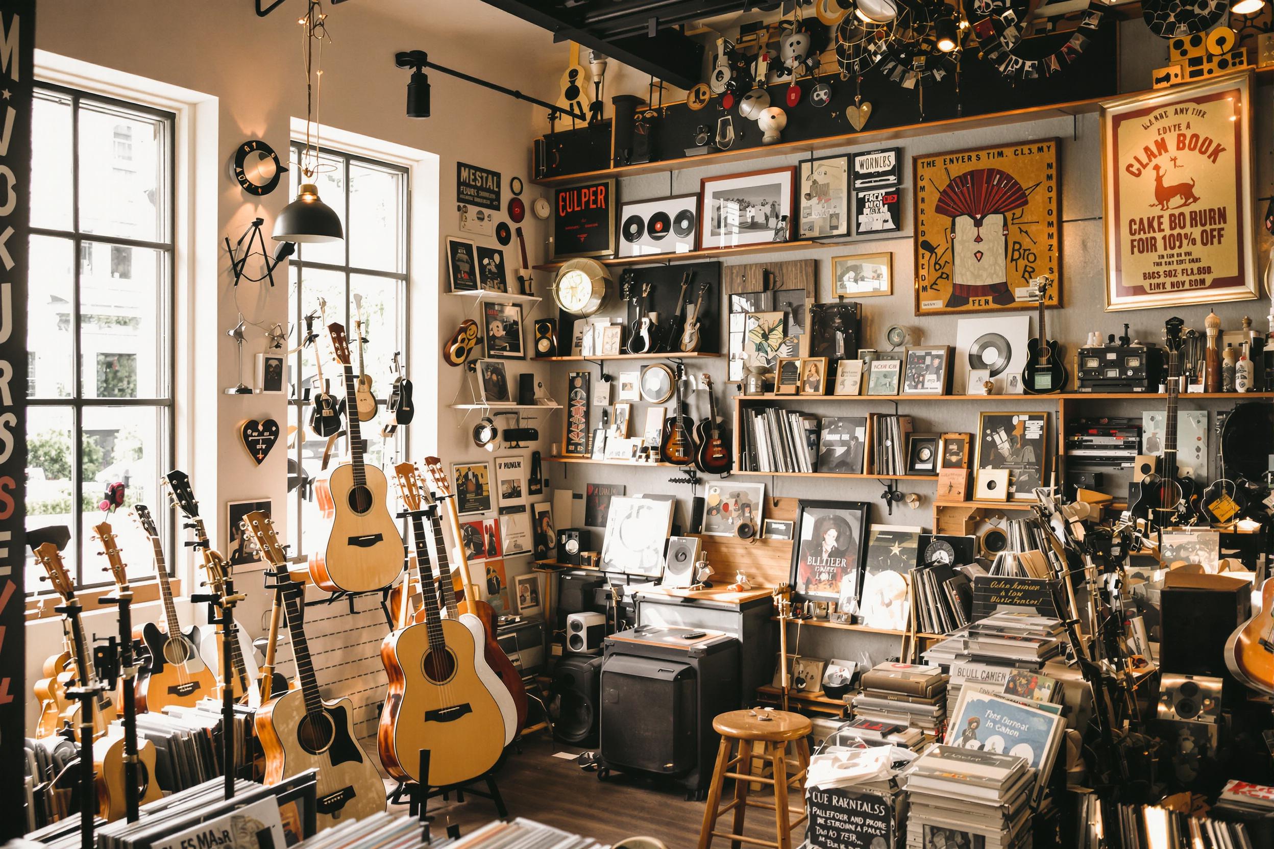 Inside a charming vintage music shop, walls are adorned with an eclectic collection of musical instruments and vinyl records. Natural light streams through large windows, illuminating wooden shelves filled with guitars and quirky memorabilia. The inviting atmosphere resonates with nostalgia as customers browse, enveloped in soft melodies from nearby speakers.