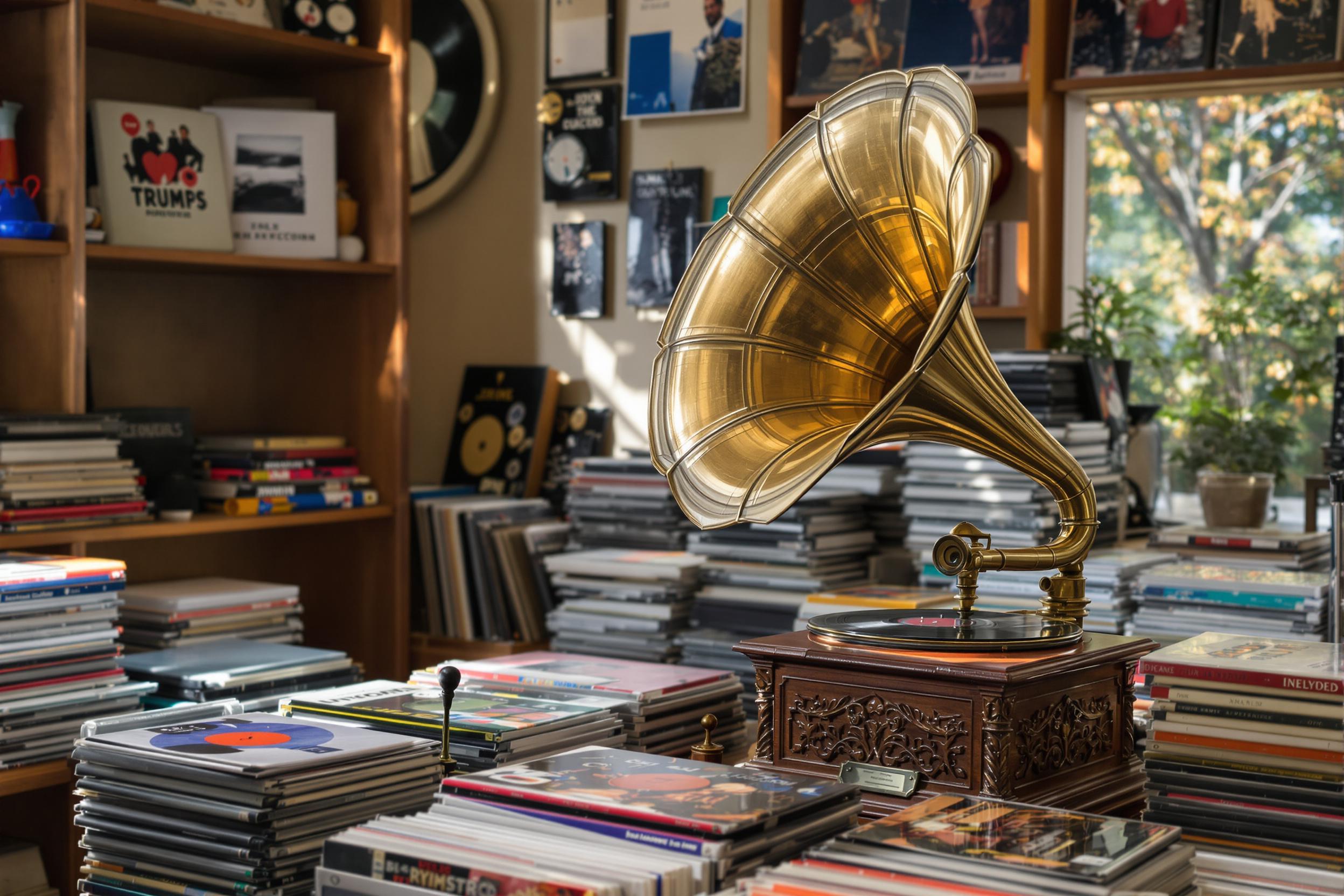 A vintage gramophone takes center stage in a cozy room, surrounded by stacks of colorful vinyl records. Wooden shelves in the background hold more records and music memorabilia, while soft afternoon light filters through a nearby window, casting gentle shadows. The rich textures of the gramophone's brass horn and ornate detailing invite nostalgia, evoking a sense of timeless elegance.