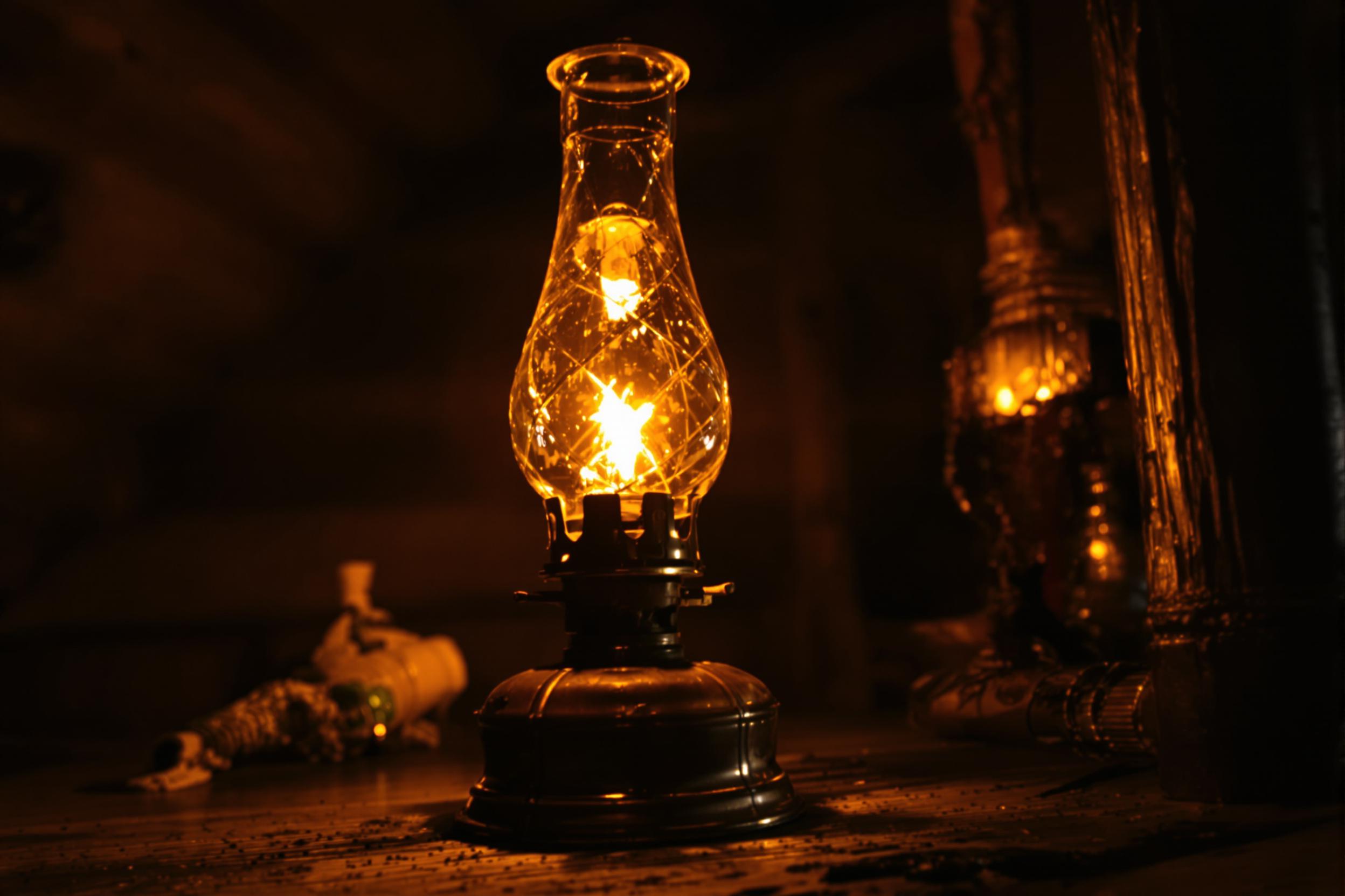 An extreme close-up captures the intricate details of a vintage oil lamp glowing softly in a rustic wooden cabin's dimly lit interior. Light refracts off the aged glass chimney, with subtle curves complementing its weathered brass frame. The warm amber glow contrasts the darkened wood grain visible in the blurry background, evoking nostalgic simplicity.