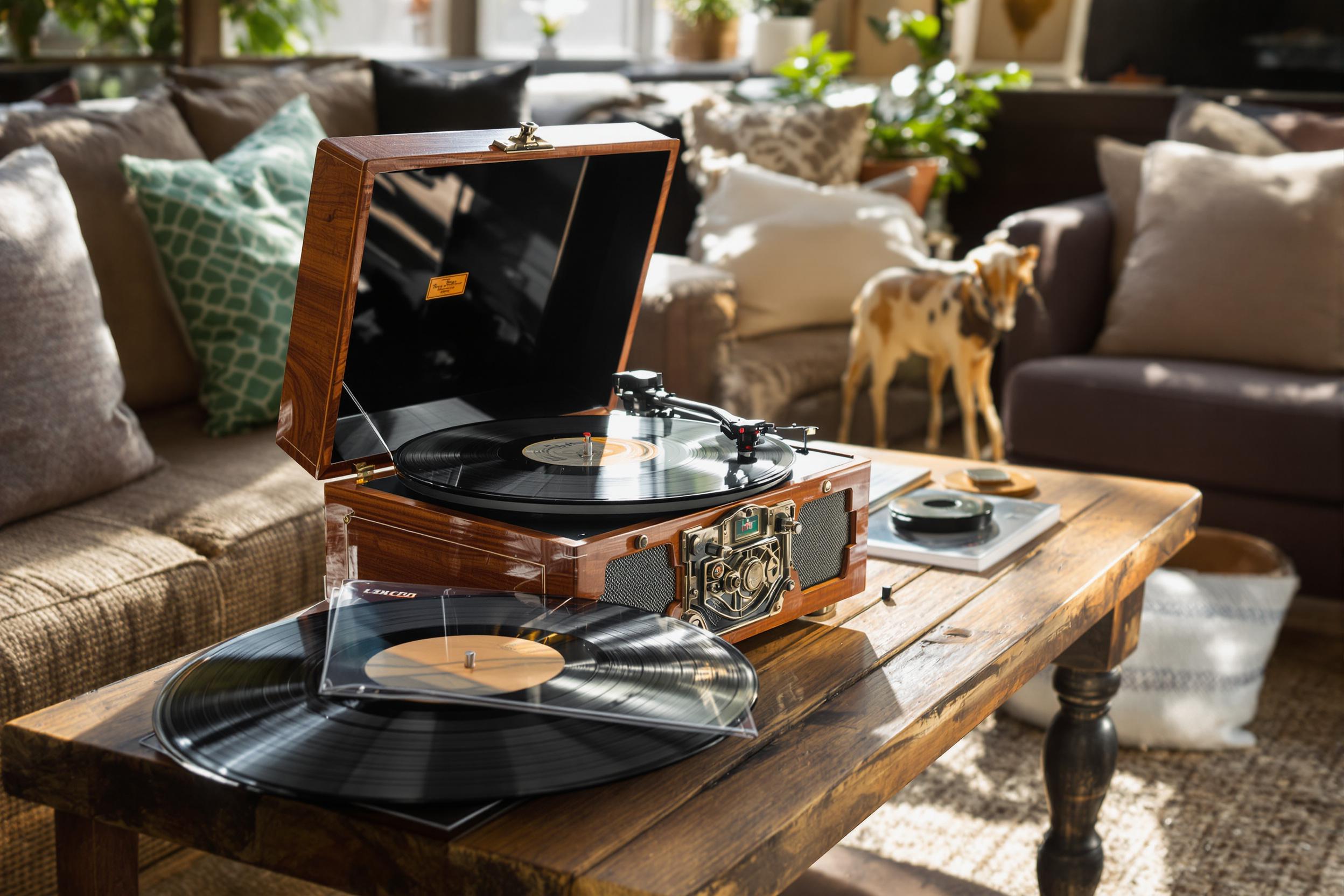 A vintage record player sits elegantly on a rustic wooden table in a cozy living room. The player features intricate details, while a fan of vinyl records lies beside it. Natural light streams through a nearby window, casting a warm glow that enhances this inviting scene. Plush cushions and a woven rug contribute to the overall comfortable atmosphere.