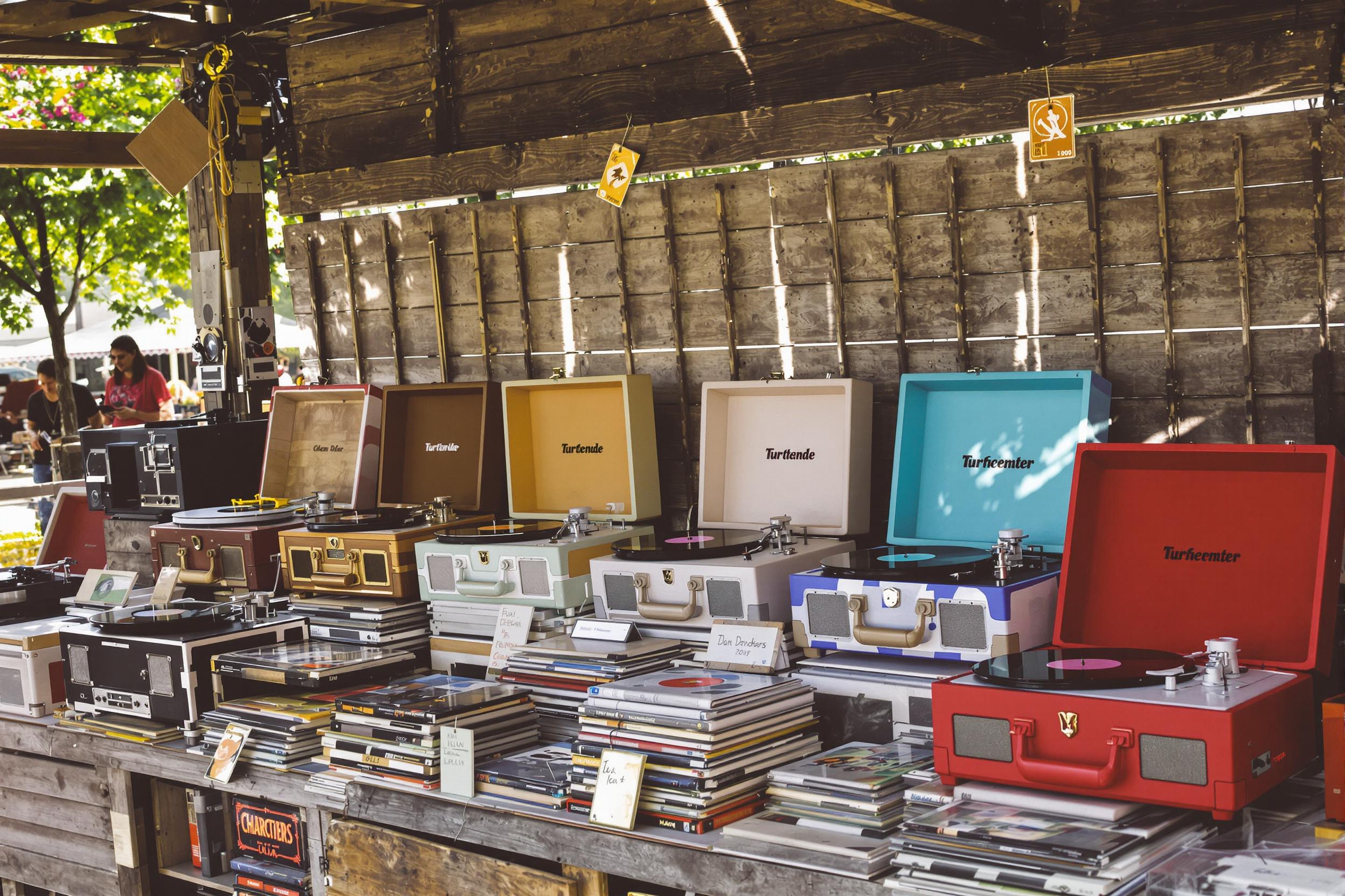 An eclectic assortment of vintage record players fills a weathered wooden market stall. Each turntable showcases unique colors and designs, from classic blacks to cheerful reds. Sunlight filters through nearby trees, casting dappled shadows over the scene. A backdrop of vinyl records adds depth, while the vibrant atmosphere evokes nostalgia for music lovers.