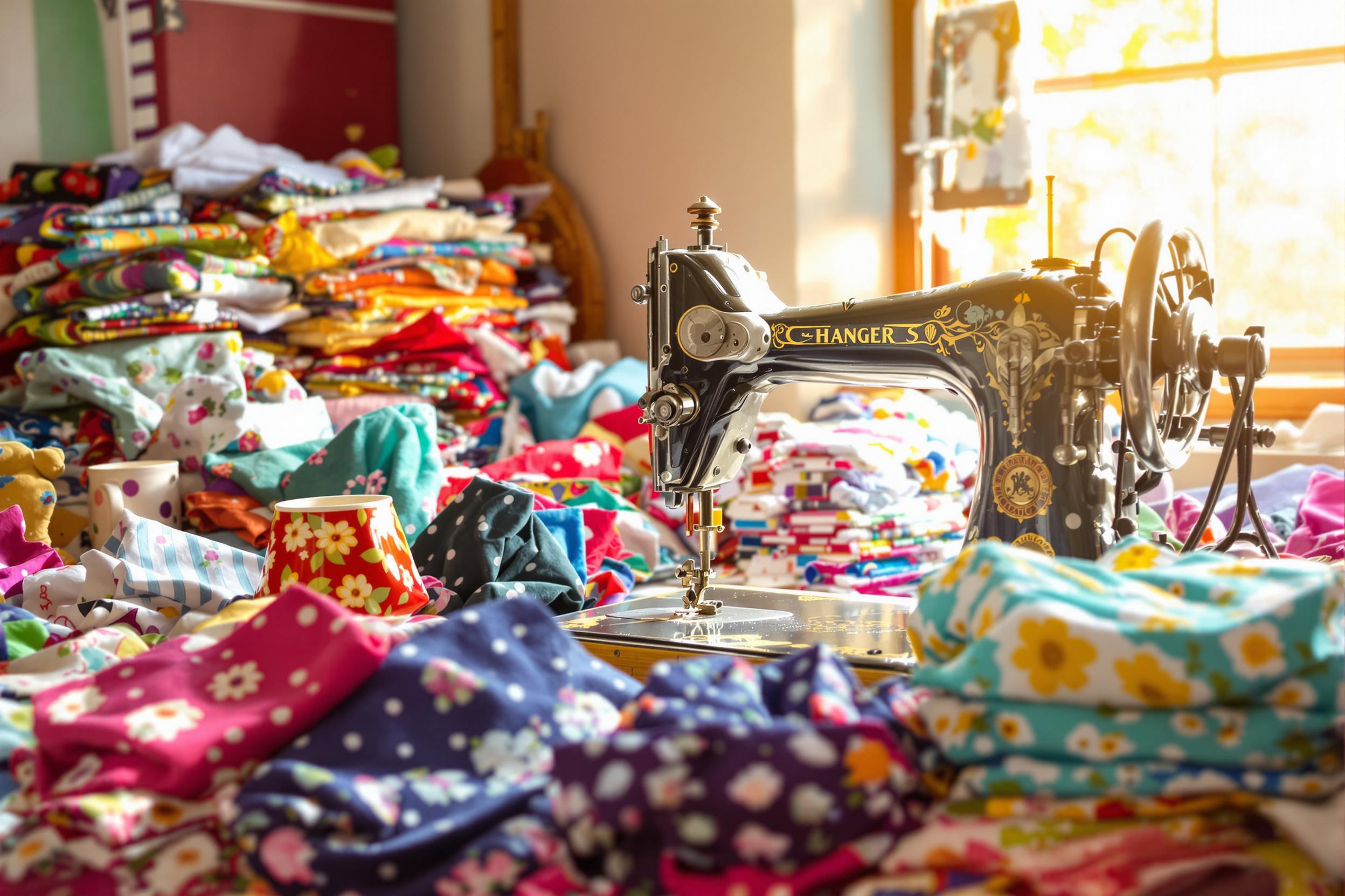 A vintage sewing machine takes center stage in a well-lit artist's studio. Surrounding it are vibrant piles of fabric in a kaleidoscope of colors and patterns—florals, stripes, and polka dots. The warm sunlight filtering through a nearby window illuminates the intricate details of the machine, casting gentle shadows that enhance its nostalgic charm.