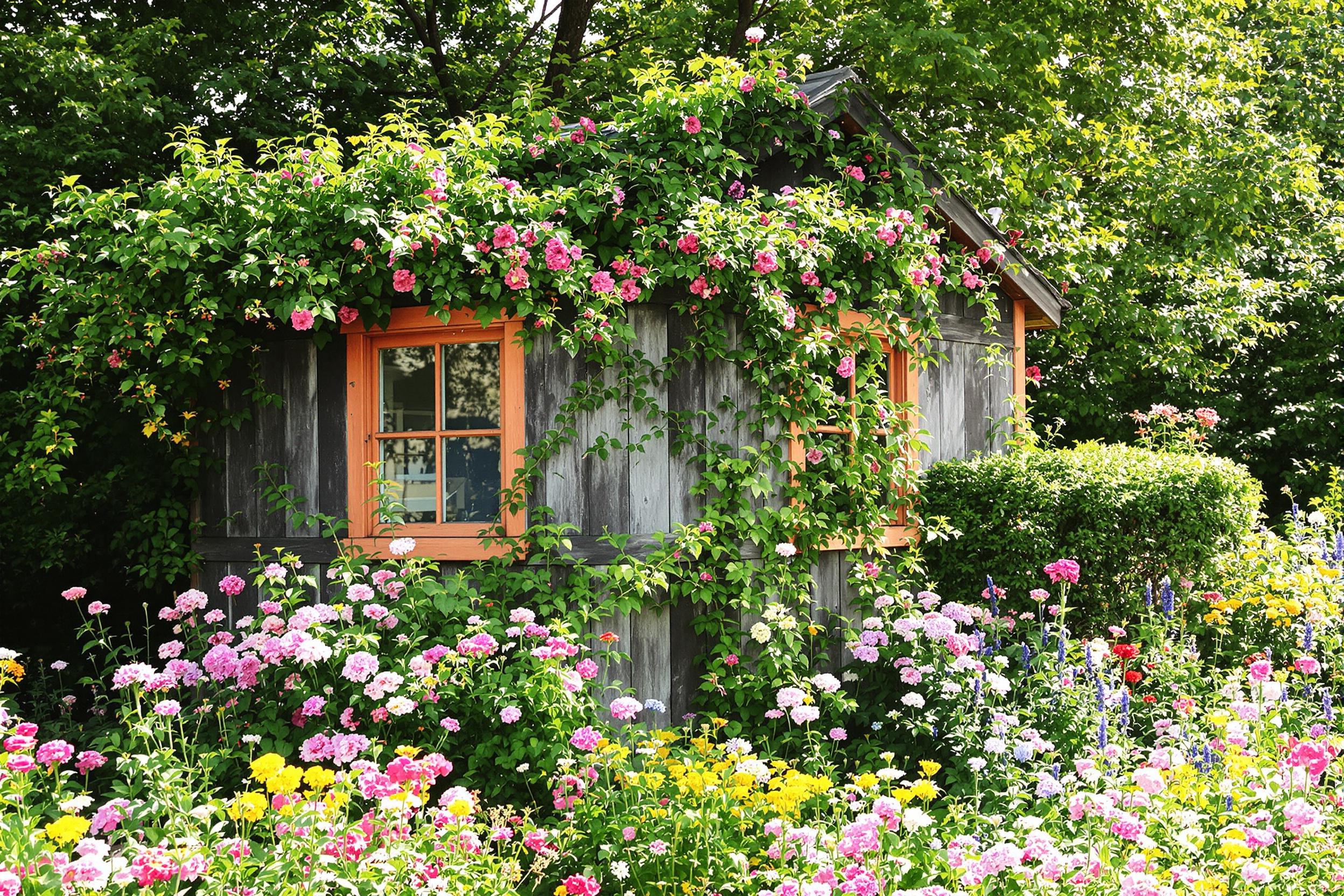 A charming vintage garden shed erupts amidst a riot of colorful flowers. Weathered wood contrasts beautifully with lush petals in shades of pink, yellow, and blue. Delicate vines creep up the sides, suggesting a narrative of nature reclaiming its space. Soft morning sunlight filters through nearby greenery, casting gentle shadows and highlighting textures.