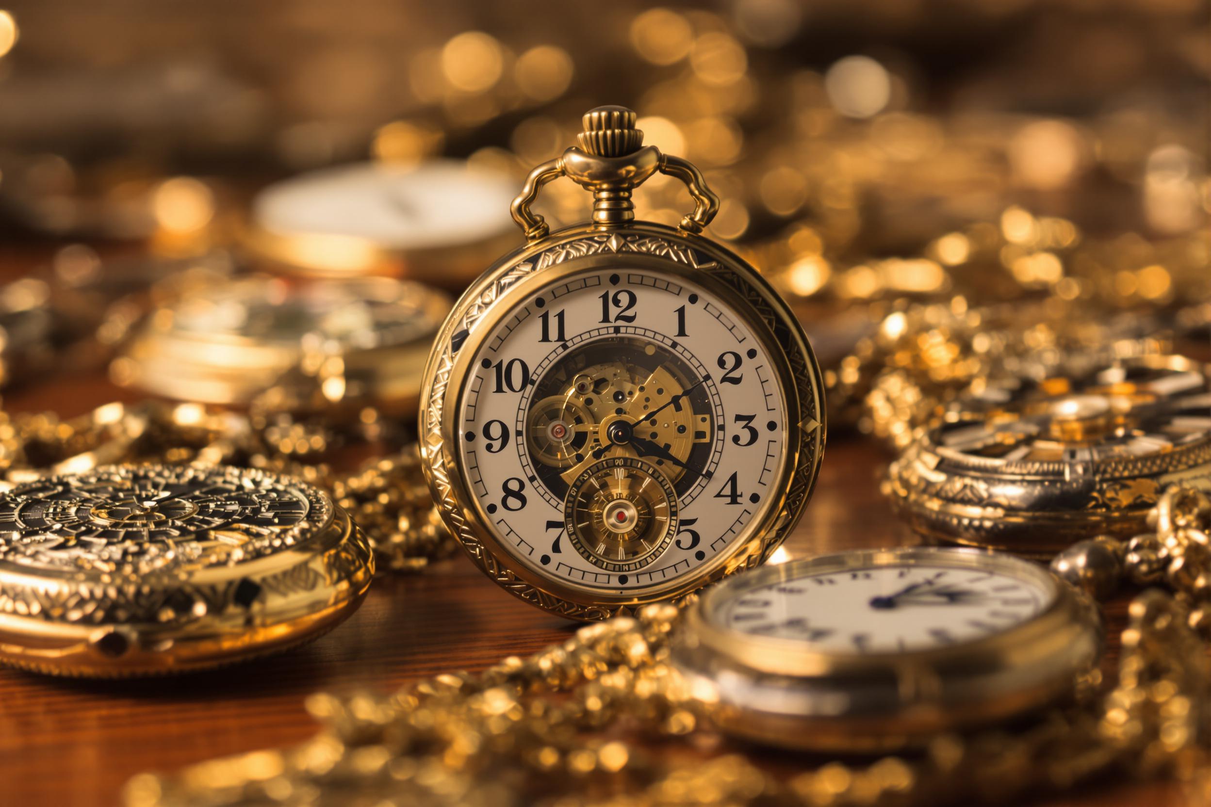 An intimate close-up captures a vintage collection of ornate pocket watches laid out on a wooden surface. Intricate engravings shimmer under soft diffused light, highlighting the metallic gleam of brass and silver. Selective focus draws the eye to a central watch with exposed clockwork while blurred timepieces fade gracefully into a warm bokeh background.