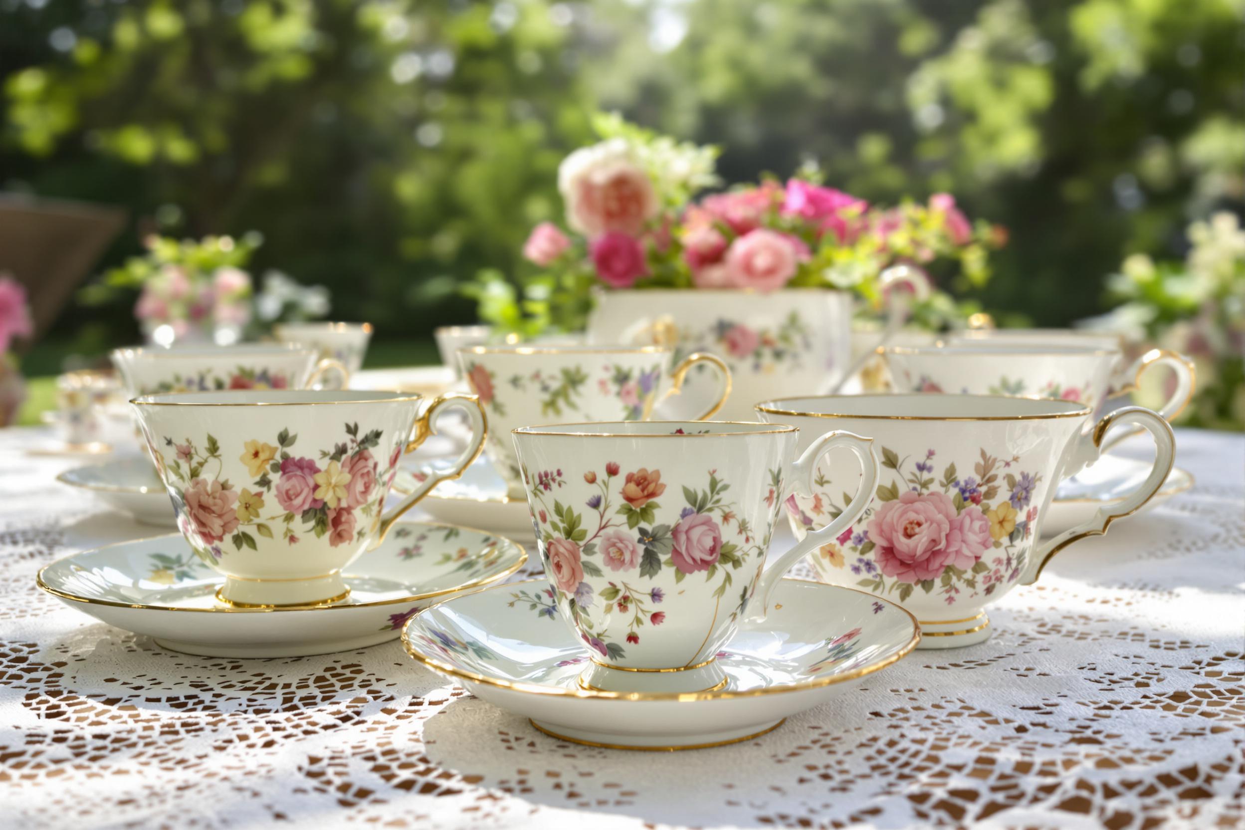 A delightful arrangement of elegant vintage teacups rests on a delicate lace tablecloth, adorned with intricate floral patterns in soft pastels. Soft morning light filters through nearby trees, casting a warm glow over the scene. The teacups are positioned in a visually pleasing manner, inviting appreciation for their craftsmanship against a beautifully blurred garden backdrop.