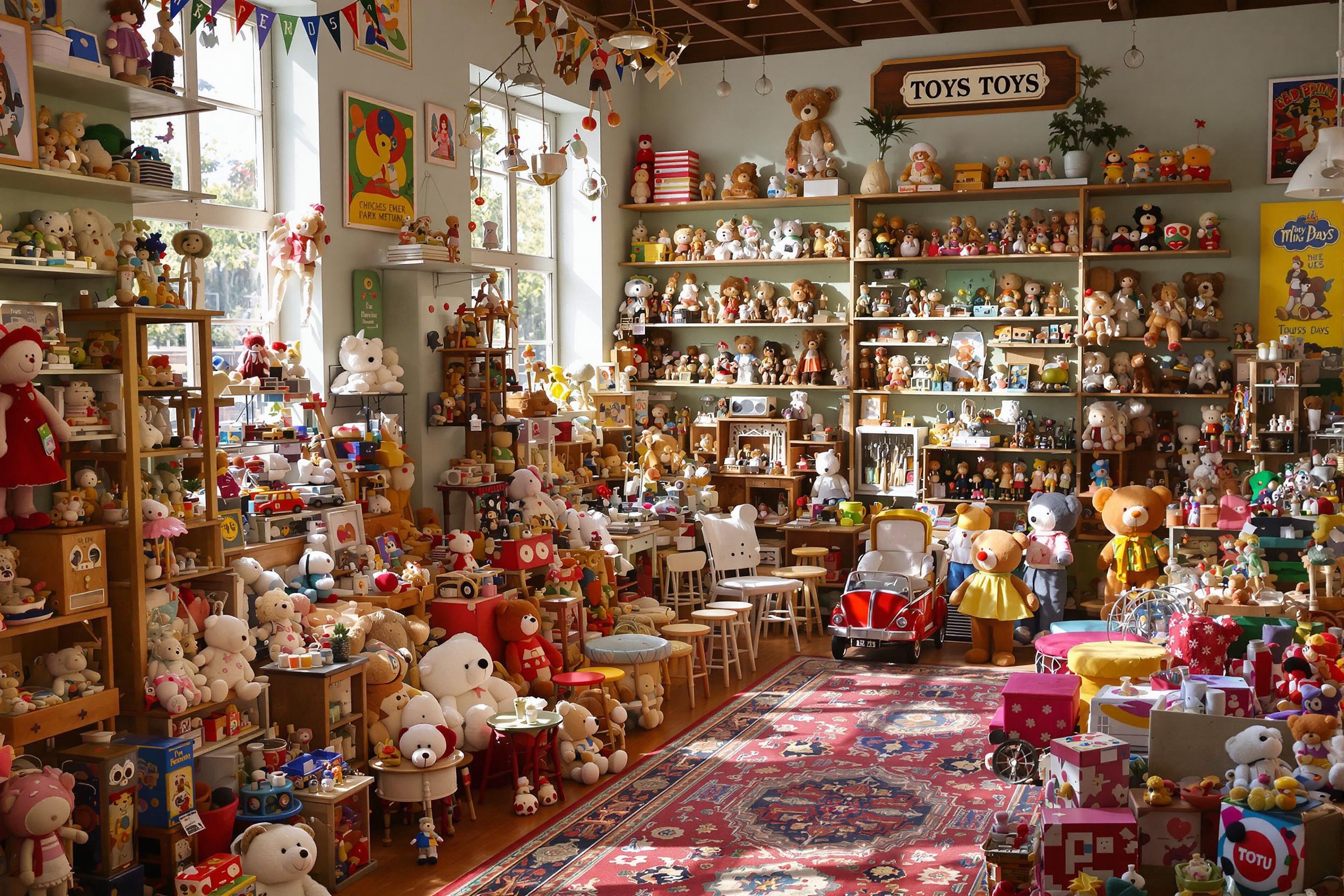 A whimsical vintage toy shop brims with colorful treasures lining the walls and shelves. Delicate wooden dolls, plush bears, and intricate model cars create a nostalgic atmosphere. Soft, natural light fills the room, casting gentle shadows that highlight the intricacies of each item. Vibrant accents such as bright wall posters and patterned rugs add charm to this playful haven.