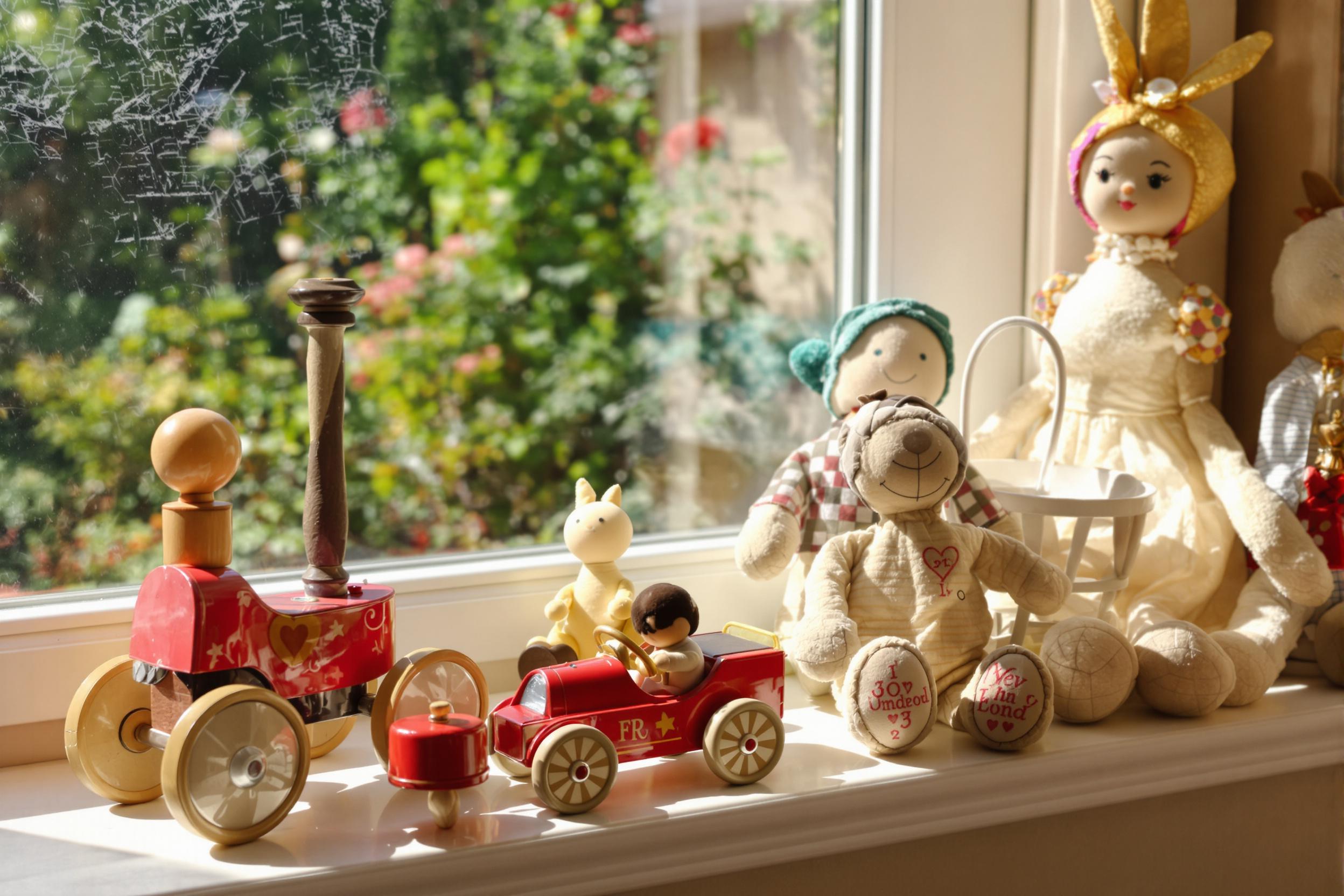 A charming array of vintage toys is arranged artfully on a sunlit windowsill. The collection includes a classic wooden pull toy, a small tin car in vibrant red, and plush dolls displaying intricate stitching. Warm sunlight bathes the scene, casting delicate shadows that highlight the colorful textures of the toys against the backdrop of a softly blurred garden.