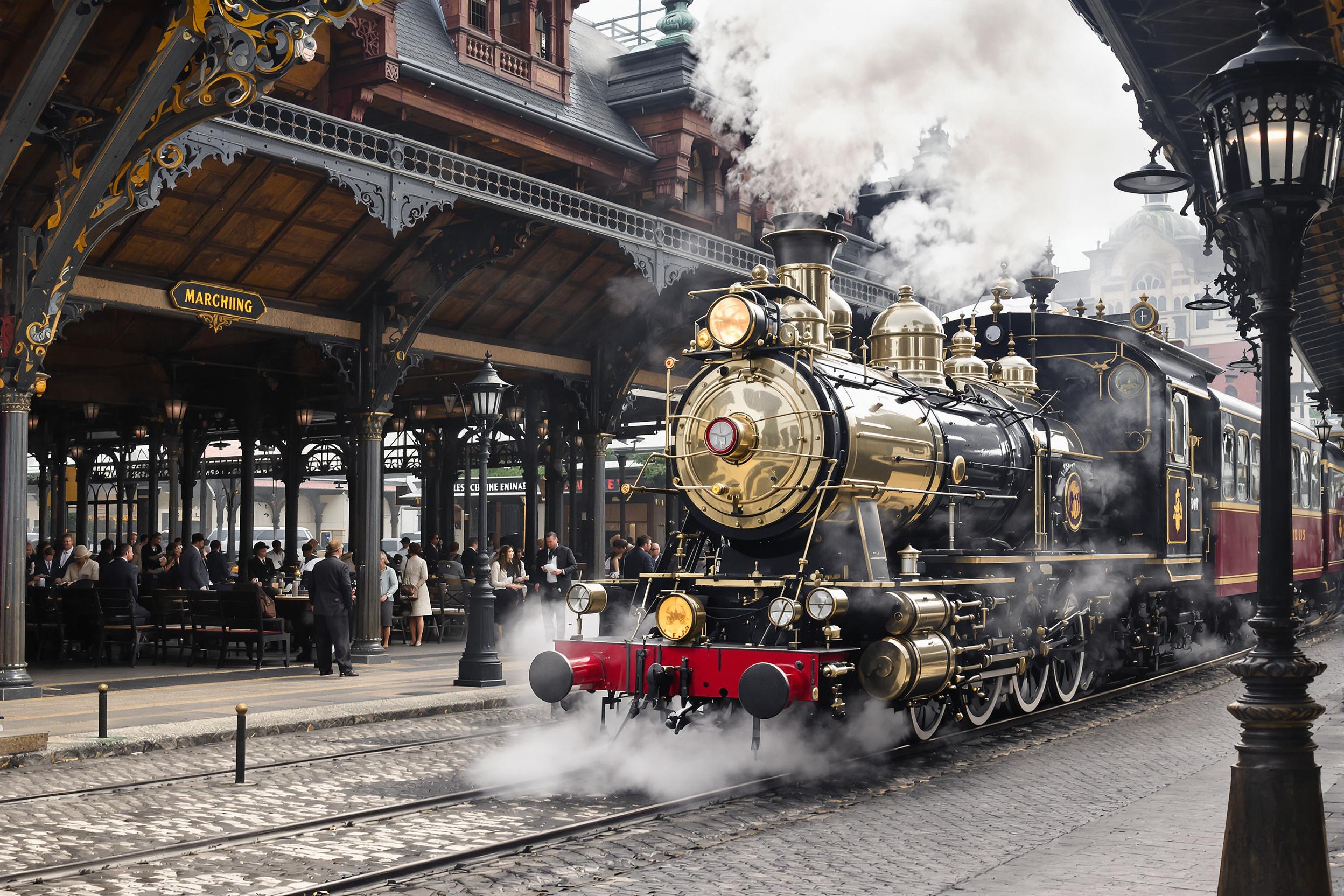 A vintage steam train emits a light plume of smoke as it rests at an old-world train station, its polished brass contrasting against weathered steel. Morning diffused light highlights cobblestones, antique iron lampposts, and passengers dressed in mid-century attire, evoking nostalgia.