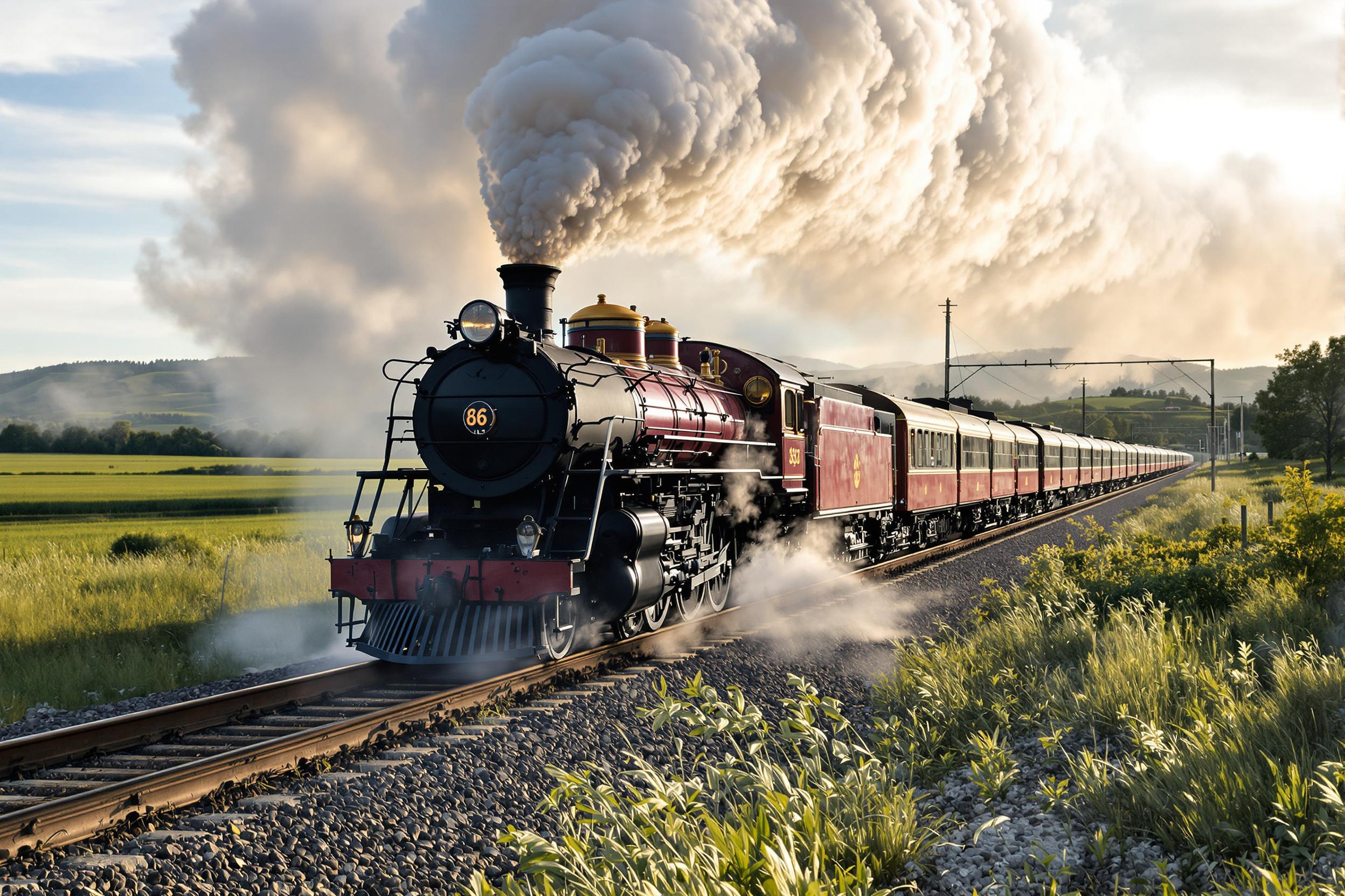 A vintage steam engine thunders down the railway, billowing clouds of white steam against a backdrop of lush green fields and distant hills. The late afternoon sun casts a warm glow, highlighting the train's bold colors and intricate details. Weathered tracks lead into the distance, creating a sense of adventure and nostalgia as the train moves effortlessly forward.