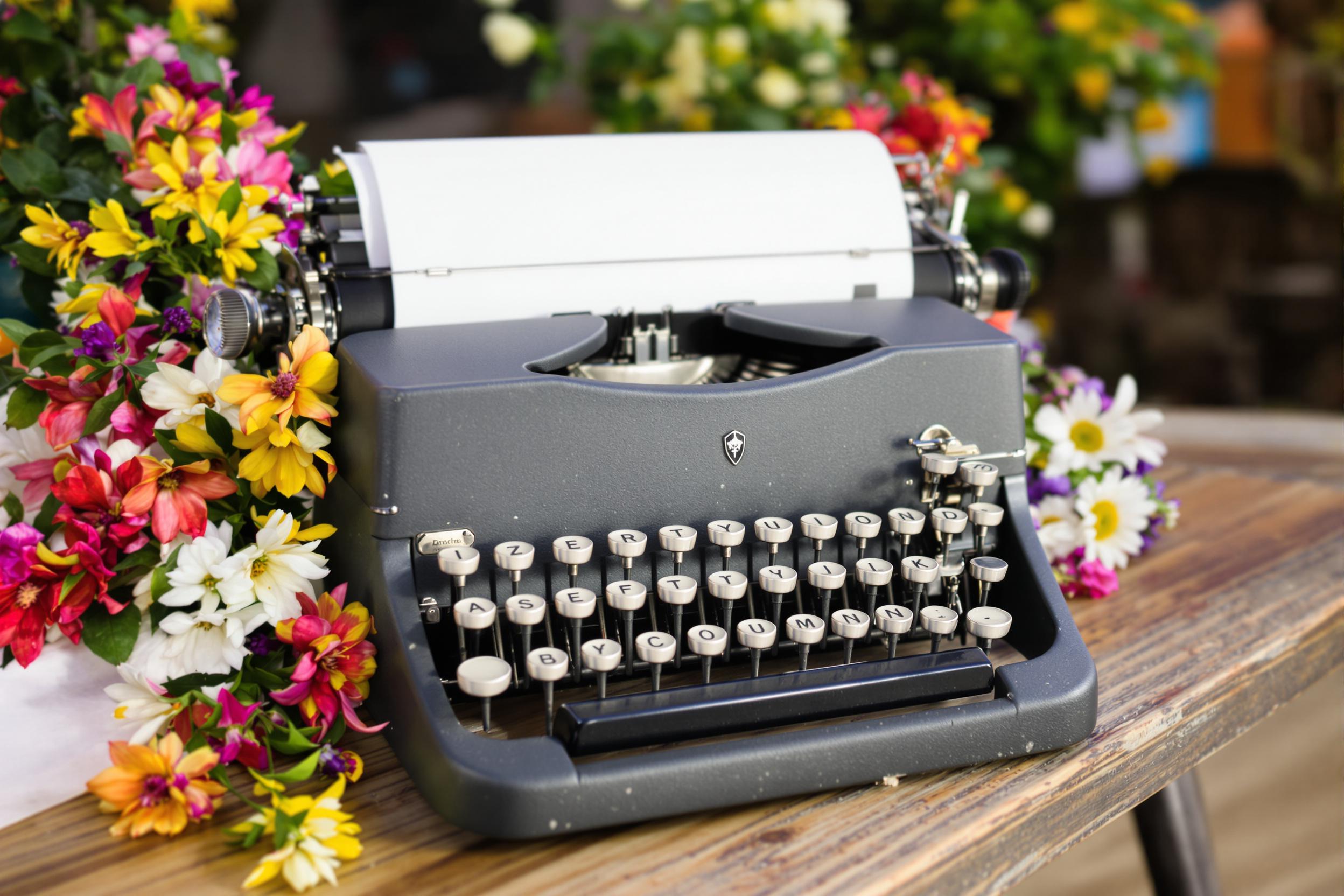 A vintage typewriter rests gracefully on a rustic wooden table, delicately adorned with colorful blooming flowers. The machine’s matte black finish contrasts beautifully with vibrant petals in shades of pink, yellow, and white, inviting the eye. Soft, diffused daylight pours over the scene, highlighting the intricate textures of the typewriter and the blossoms while the blurred surroundings add depth and intimacy.