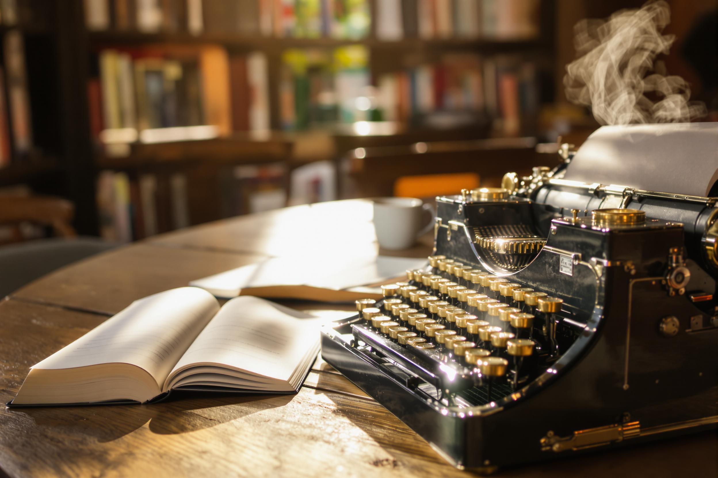 A vintage typewriter rests on a rustic wooden table in a charming café, bathed in warm morning light. Its brass keys shine softly, surrounded by an open notebook and a steaming cup of coffee. The blurred background hints at bookshelves lined with literature, adding to the cozy, inviting atmosphere where creativity flourishes.