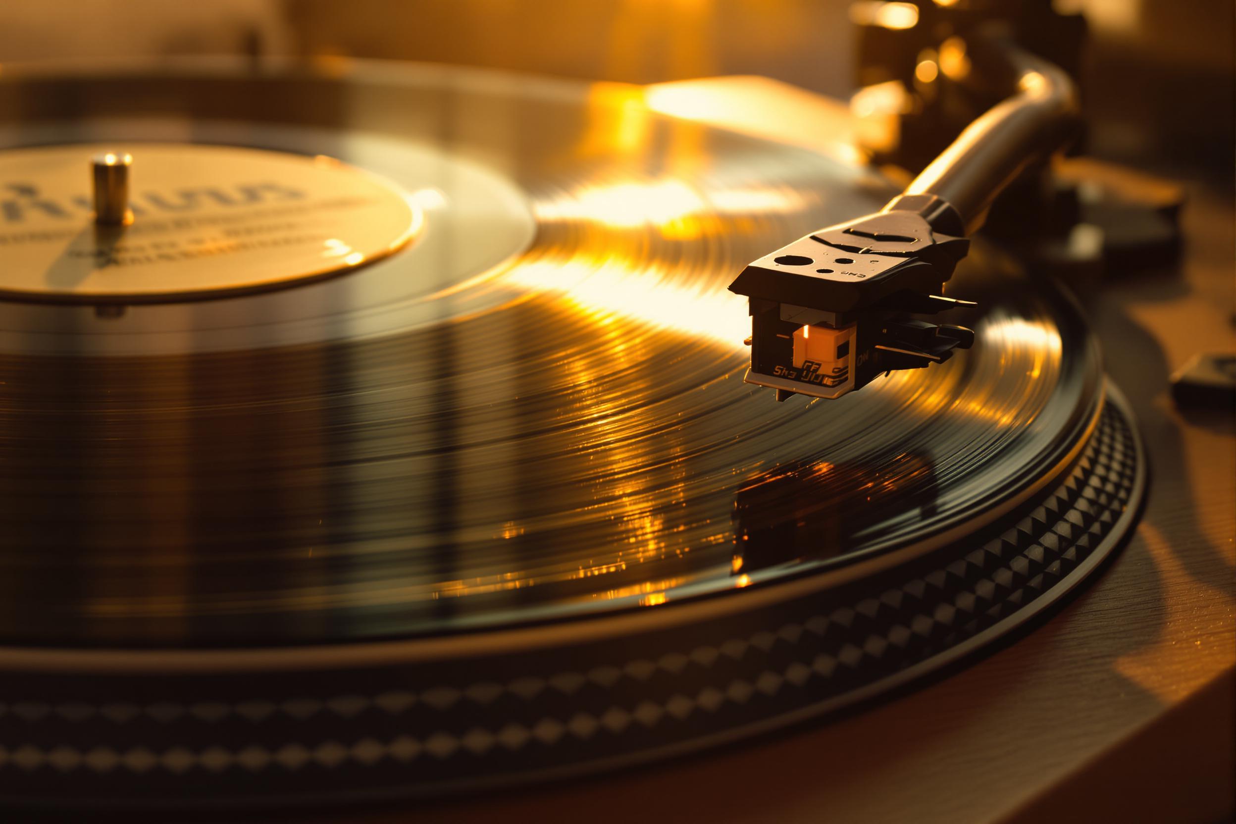 A vintage vinyl record spins rhythmically on a classic wooden turntable, bathed in warm golden-hour light. The close-up view highlights the delicate stylus gliding through grooves, capturing intricate details of the textured disc surface. Elongated shadows from nearby objects add depth to the retro-inspired ambiance.