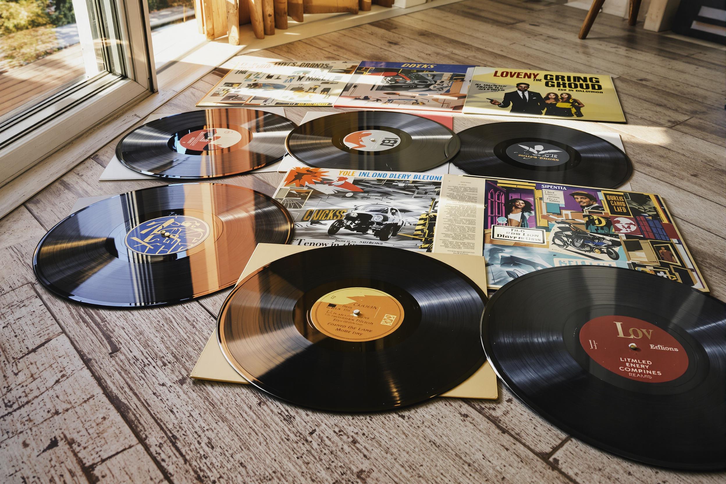 A nostalgic arrangement captures vintage vinyl records spread across a rustic wooden floor. Each record, adorned with colorful album covers, displays intricate artwork that evokes memories of music history. Soft afternoon light filters through a nearby window, highlighting the glossy surfaces and textured grooves, creating an inviting, retro atmosphere.