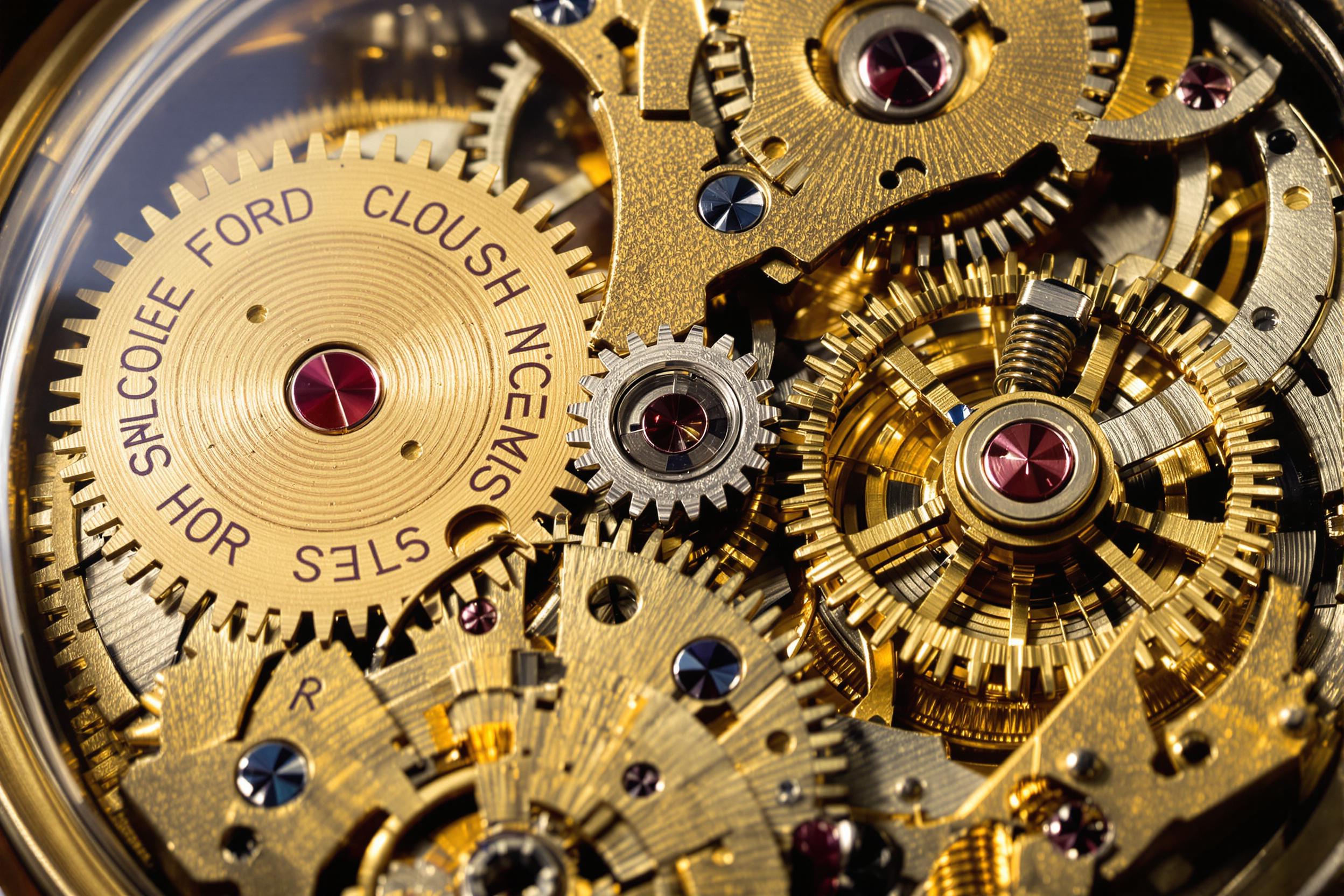 A highly detailed close-up showcases the complex inner workings of a vintage watch. Gleaming brass gears interlock perfectly, catching glimmers of reflected light against a velvet-dark backdrop. The subtle engravings on the metal surfaces create a tapestry of intricate patterns, while delicate springs and screws add depth and dimension to this stunning display of craftsmanship.