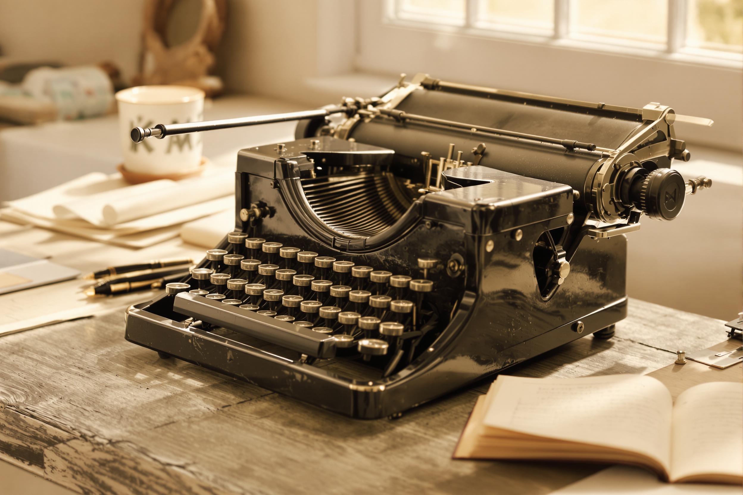 Capture the essence of old-world writing with this beautifully composed vintage typewriter scene. The antique machine sits on a weathered wooden desk, bathed in soft, natural light from a nearby window. Sepia tones evoke a sense of timeless nostalgia.