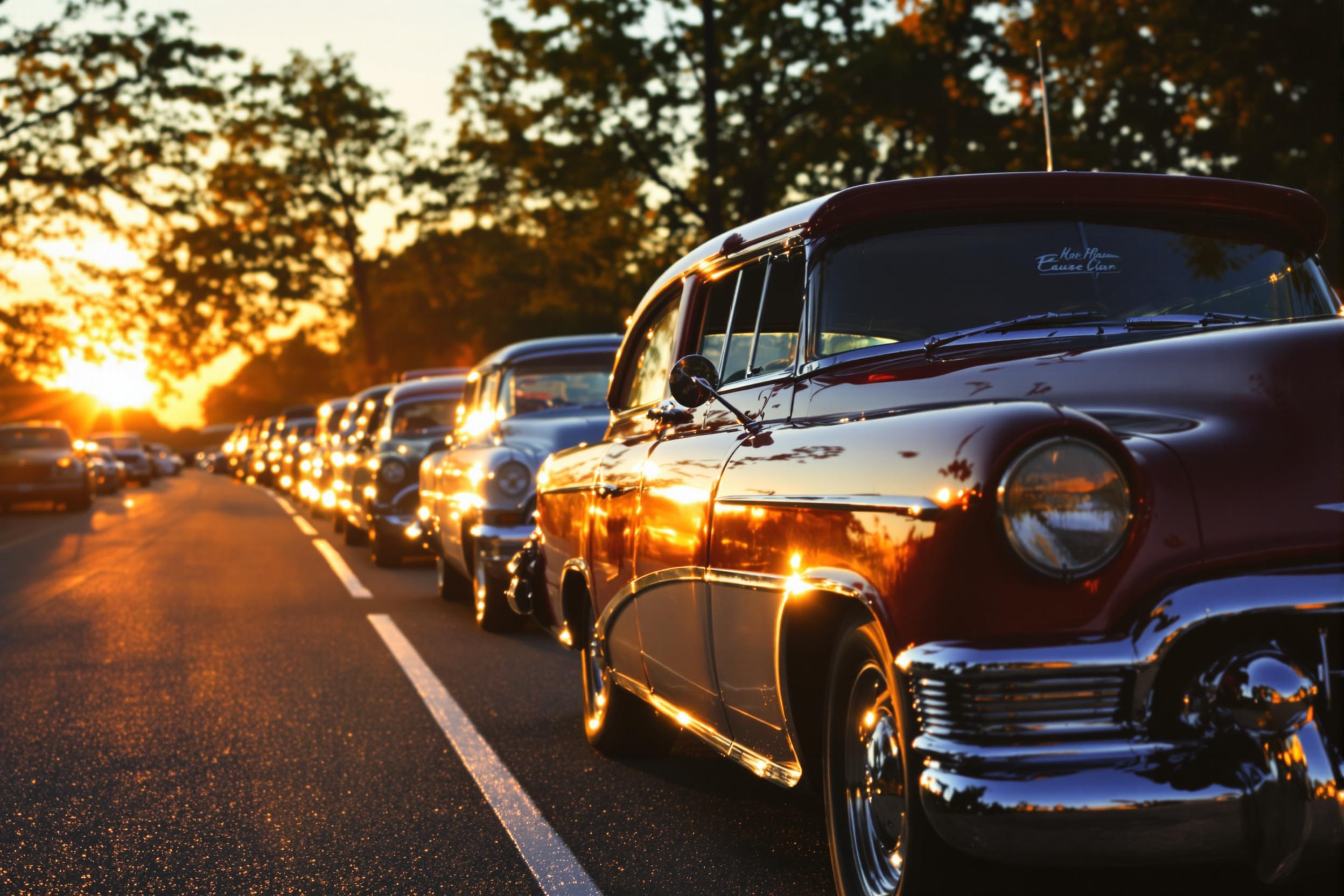 Experience the glamour of a bygone era with this stunning vintage car rally scene. A line of gleaming classic automobiles stretches into the distance, their chrome details catching the warm glow of the setting sun. The image exudes nostalgia and automotive passion.