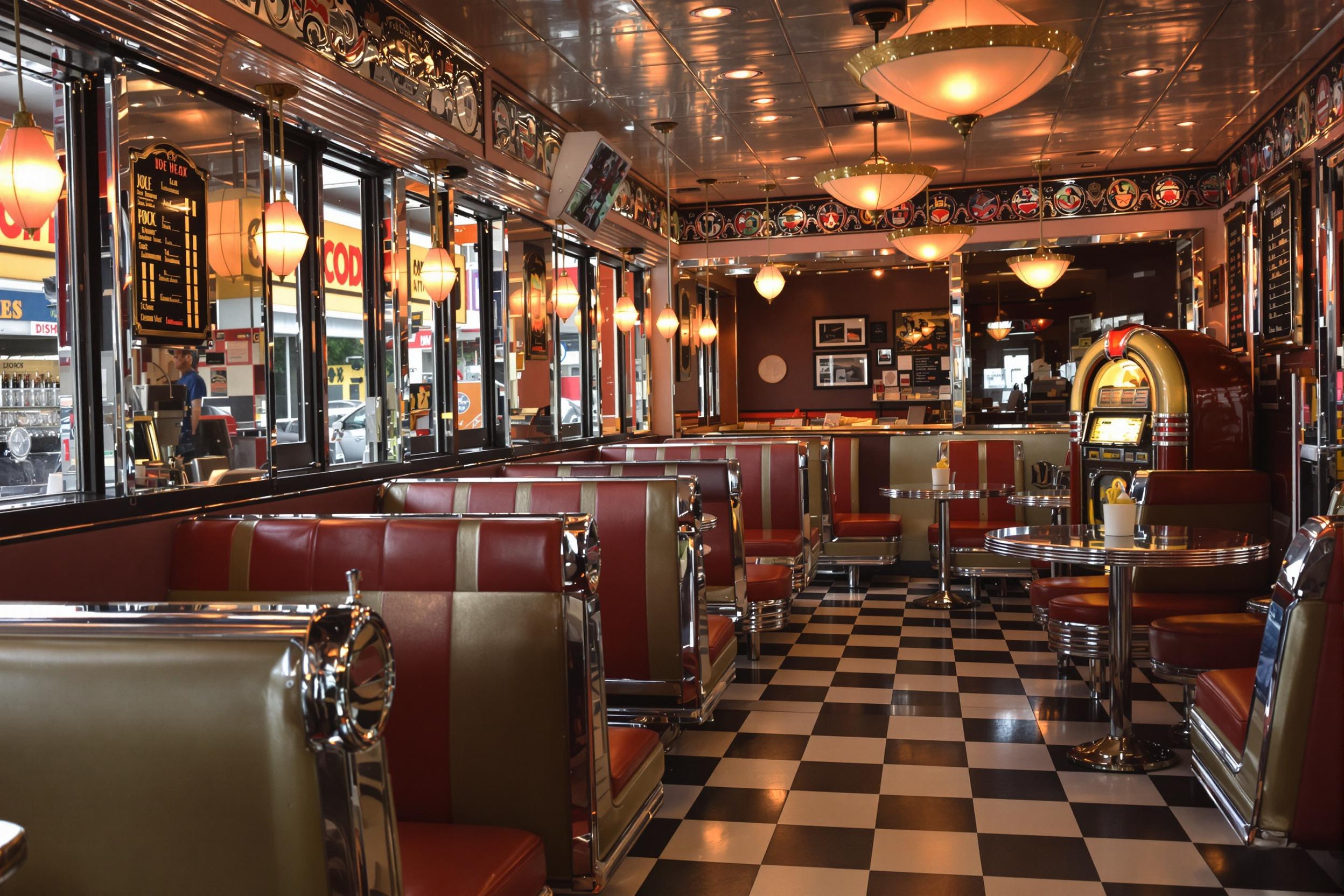 Step back in time with this vintage 1950s diner scene. Chrome-trimmed booths, checkered floor, and a jukebox create an authentic retro atmosphere. Soft, warm lighting enhances the nostalgic mood, perfect for evoking mid-century Americana.