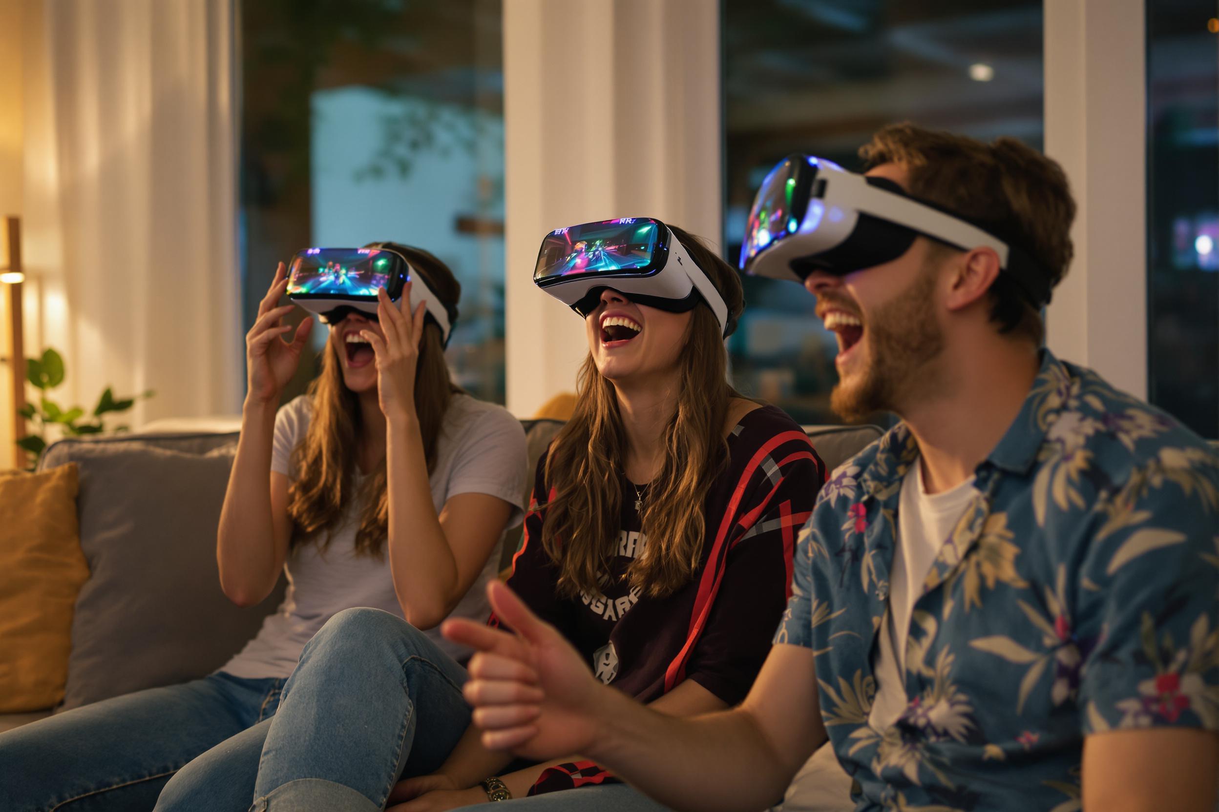 A lively group of friends engages in a virtual reality gaming session within a stylish living room. The warm evening light casts a glow as they wear VR headsets, laughing and cheering together. Colorful game visuals reflected in their expressions enhance the dynamic atmosphere, emphasizing camaraderie and joy.