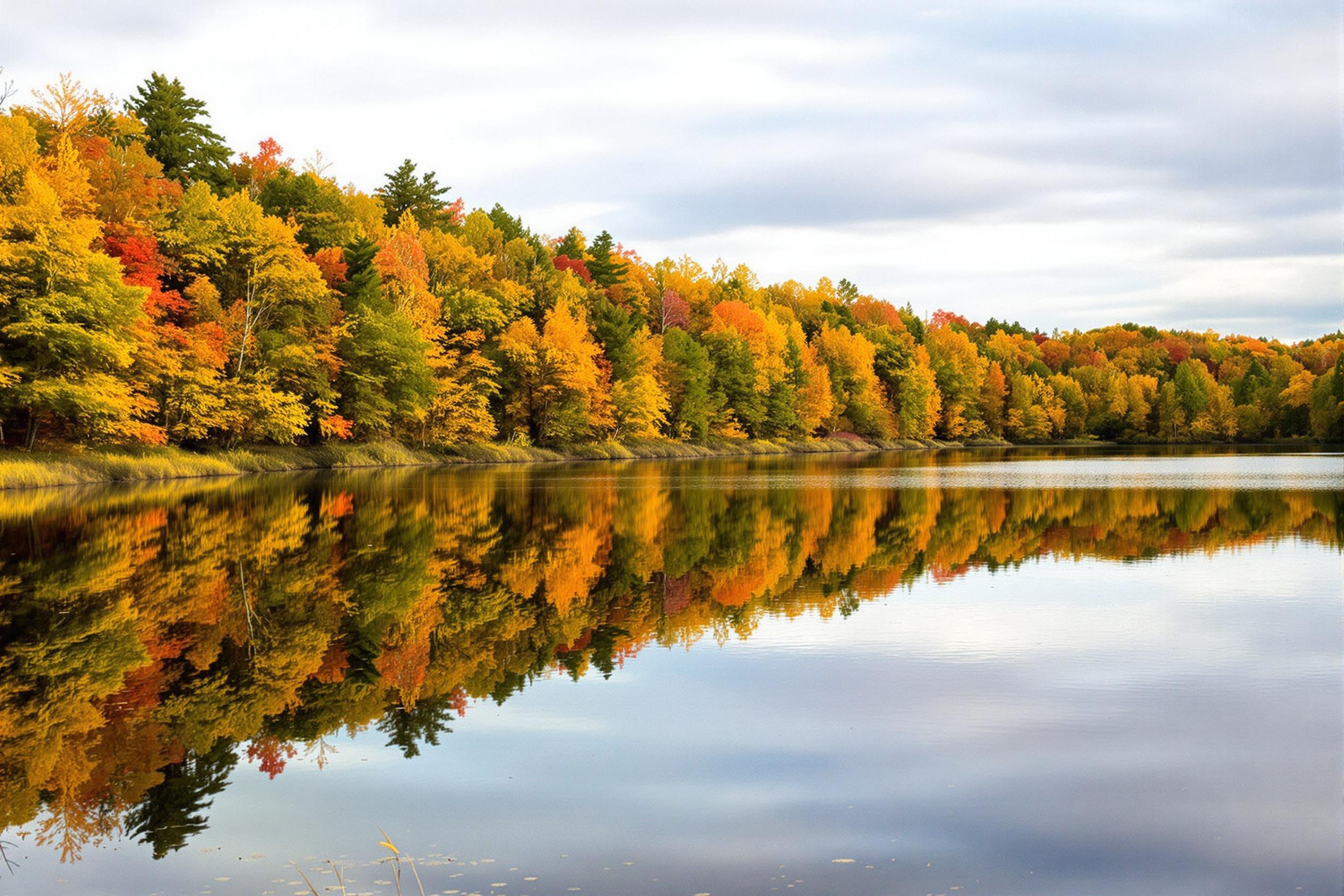 Capture the essence of fall with this stunning high-resolution wallpaper. A tranquil lake mirrors the vibrant foliage of surrounding trees, creating a symmetrical masterpiece of autumnal colors. Perfect for nature lovers and seasonal enthusiasts.