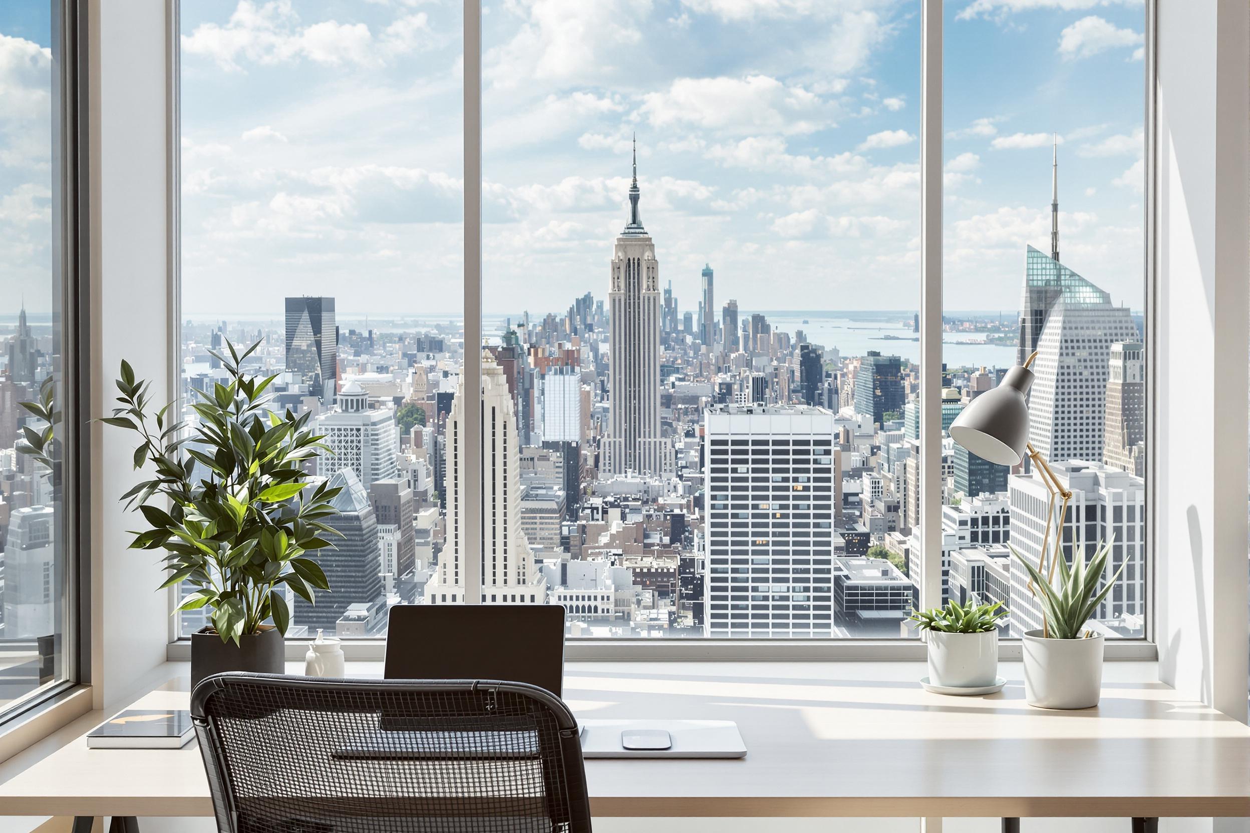 Discover a sleek, minimalist home office setup against a breathtaking panoramic city skyline. This high-resolution wallpaper captures a clean, modern workspace bathed in natural light, perfect for productivity enthusiasts and urban design lovers.