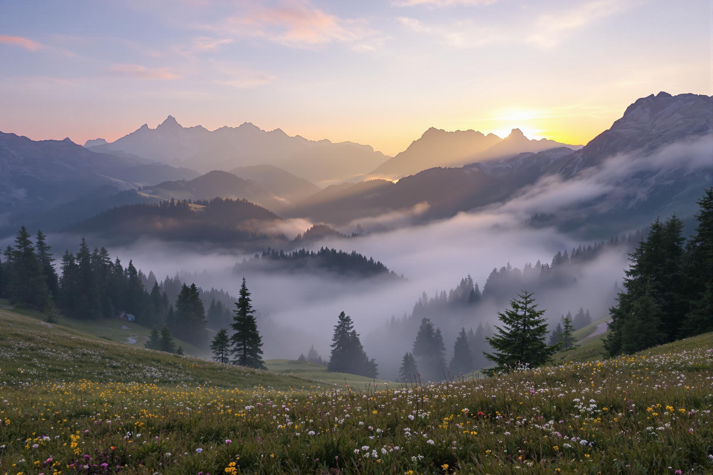 Capture the serene beauty of dawn with this high-resolution wallpaper featuring a misty mountain landscape at sunrise. Soft, pastel hues paint the sky as golden light pierces through wispy fog, illuminating a tranquil alpine meadow in the foreground.