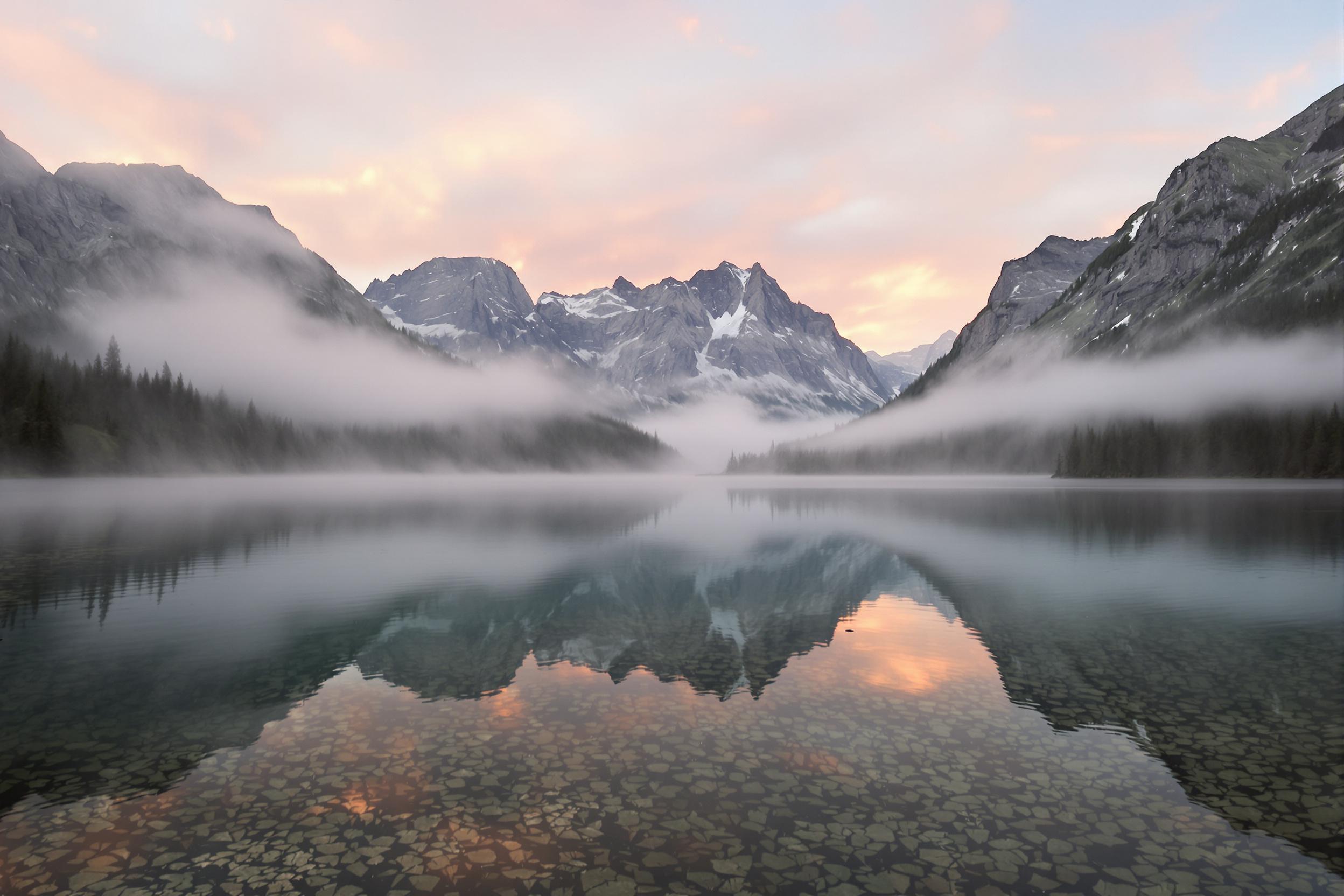 This breathtaking wallpaper captures a tranquil mountain lake at dawn, with mist rising from the water's surface. The scene is framed by majestic peaks, their reflections shimmering in the still water. Soft pastel colors of pink and orange fill the sky, creating a peaceful atmosphere. Ideal for nature lovers and digital backgrounds.