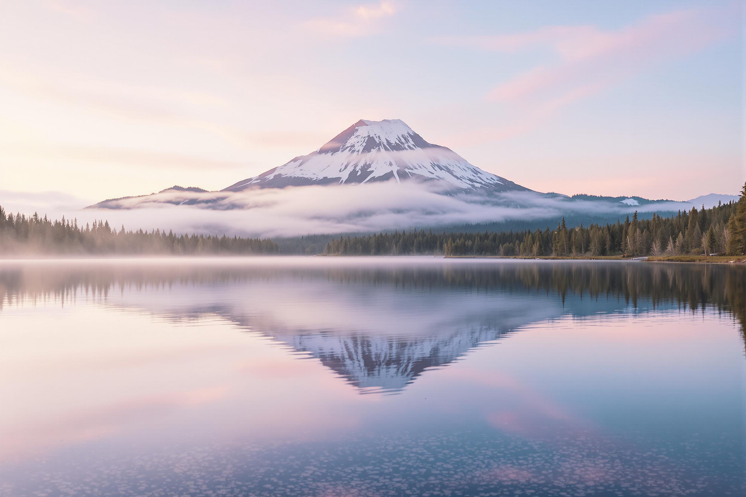 Serene mountain lake at dawn, perfectly mirroring a majestic peak shrouded in morning mist. Soft pastel hues paint the sky, creating a tranquil and ethereal atmosphere. Ideal for nature lovers and meditation enthusiasts seeking a calming digital backdrop.