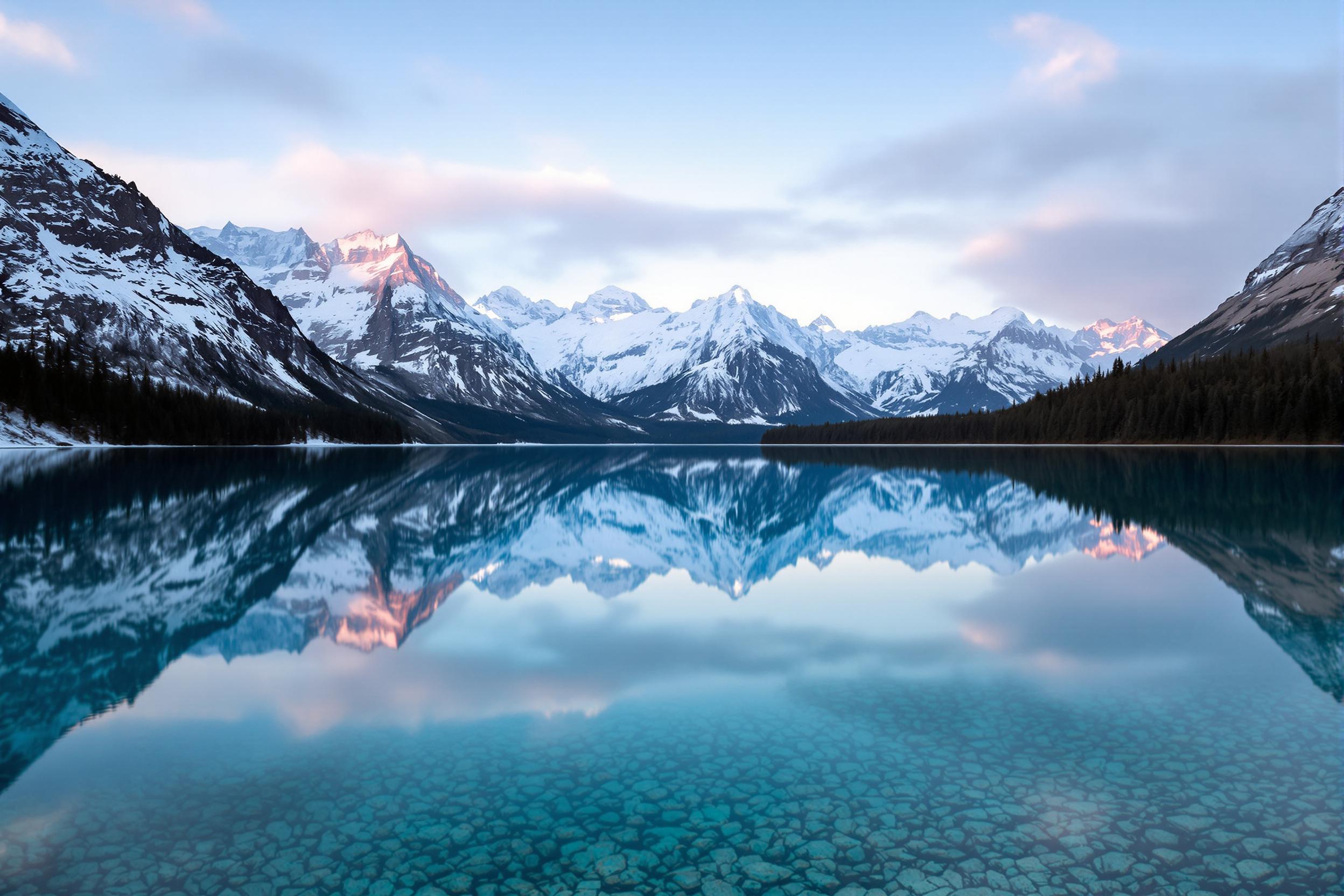 A breathtaking high-resolution wallpaper featuring a crystal-clear mountain lake reflecting snow-capped peaks at dawn. The tranquil scene captures nature's mirror-like perfection, ideal for desktop backgrounds or mobile devices seeking a calm, inspiring atmosphere.