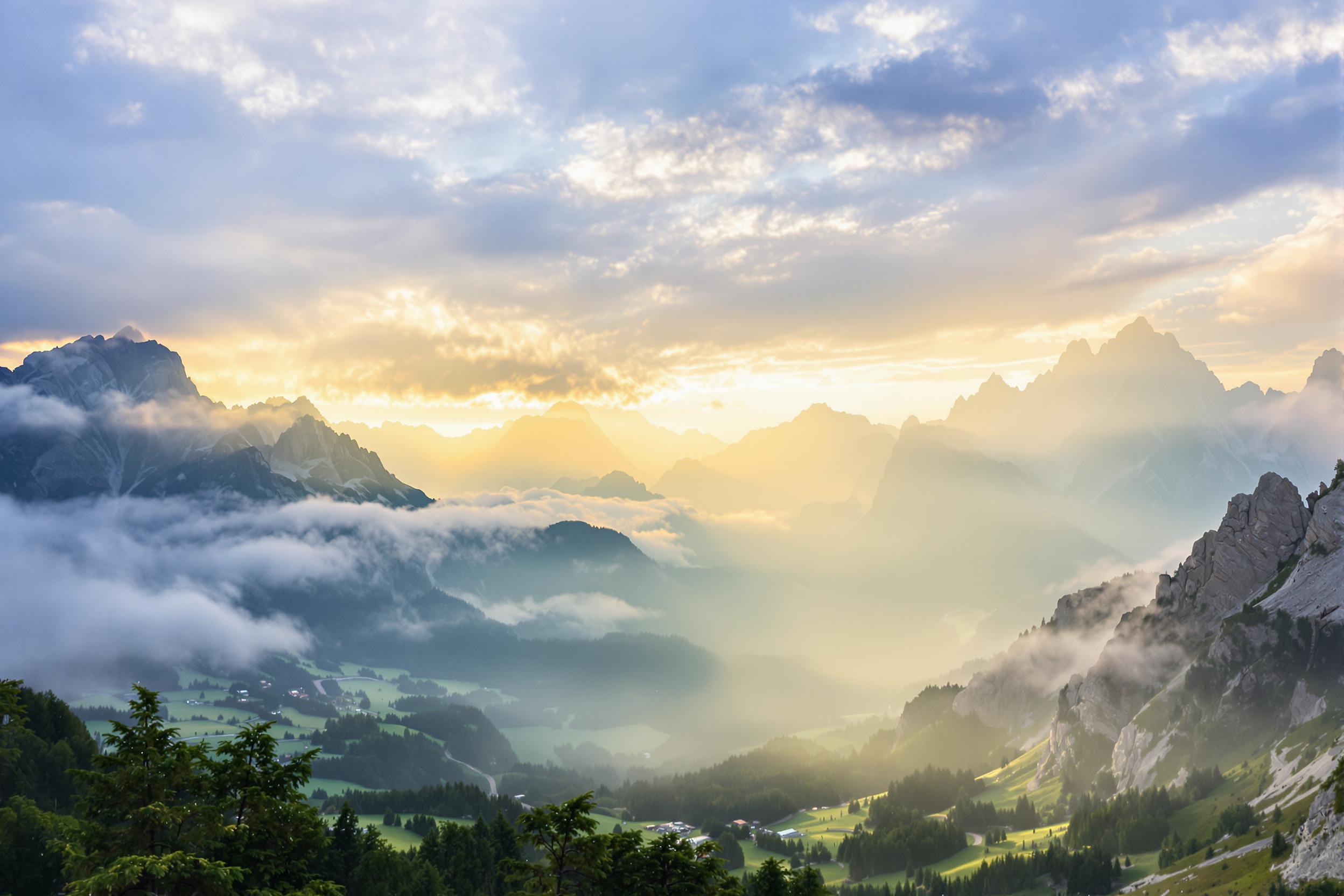 Witness the breathtaking beauty of a misty mountain sunrise in this serene alpine landscape. Soft, golden light pierces through wispy clouds, illuminating rugged peaks and verdant valleys below. Perfect for nature enthusiasts and those seeking tranquil, high-resolution desktop backgrounds.