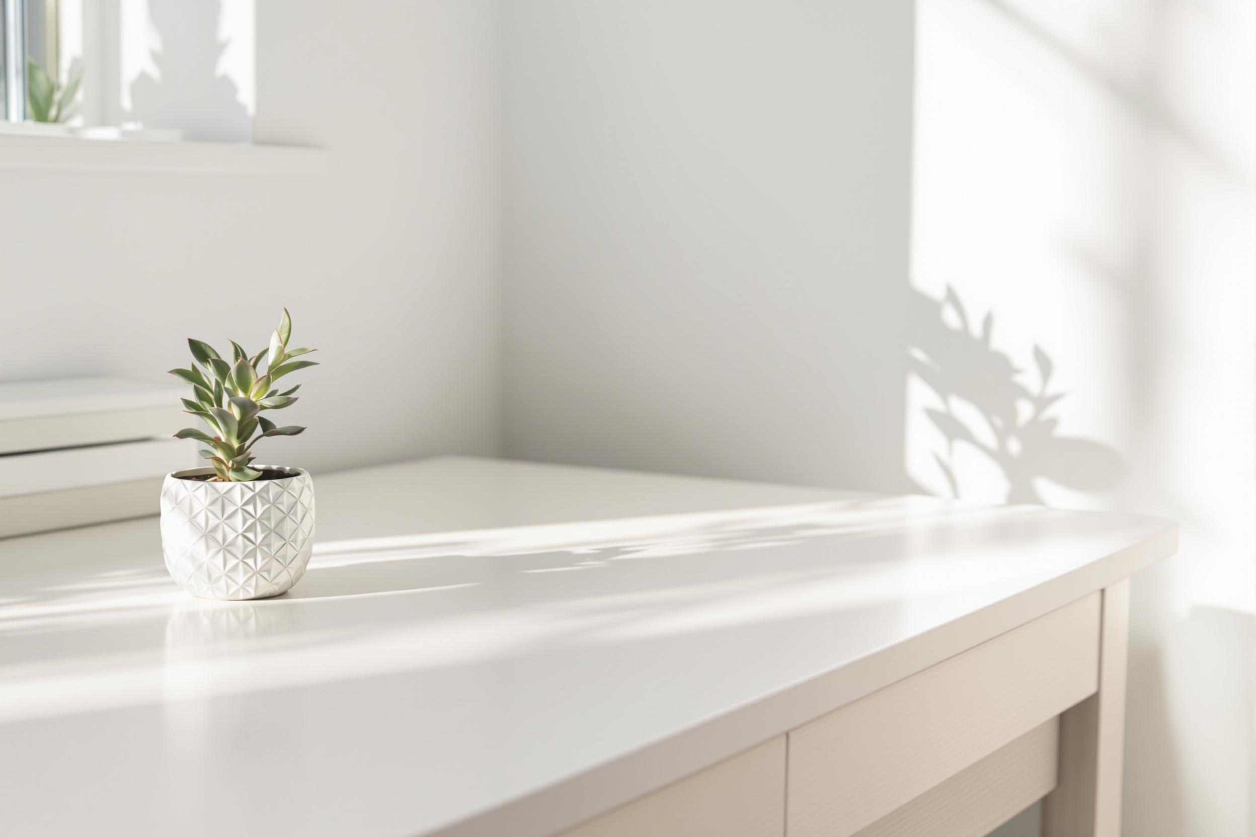 Discover serenity in simplicity with this high-resolution wallpaper featuring a minimalist workspace bathed in soft, natural light. A lone succulent adds a touch of life to the clean, white desk, creating a perfect balance of productivity and tranquility.