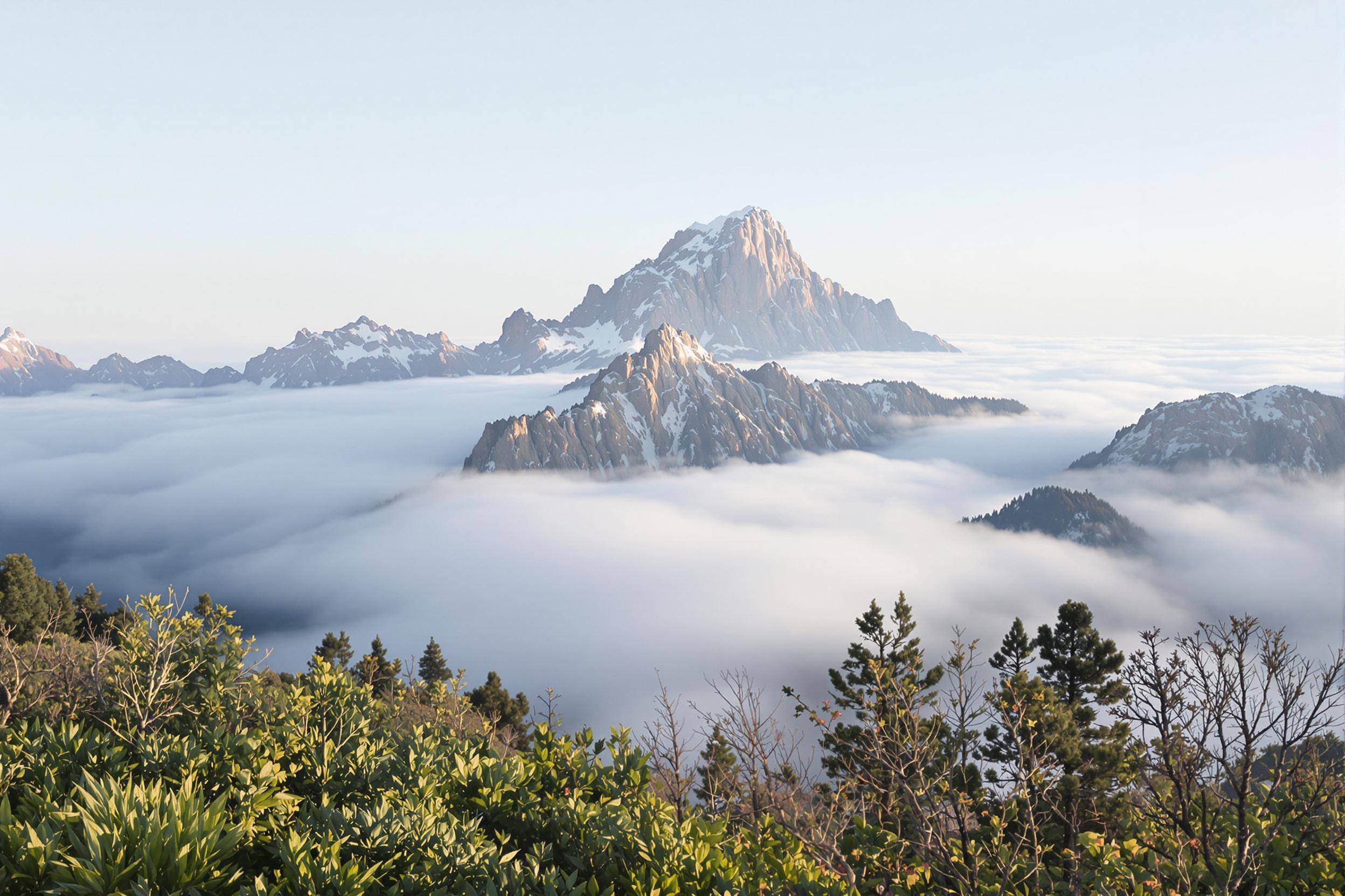 Discover serenity with this high-resolution wallpaper featuring a majestic mountain peak emerging from a sea of mist. Soft, diffused light bathes the scene, creating a dreamlike atmosphere perfect for nature enthusiasts and minimalist design lovers.