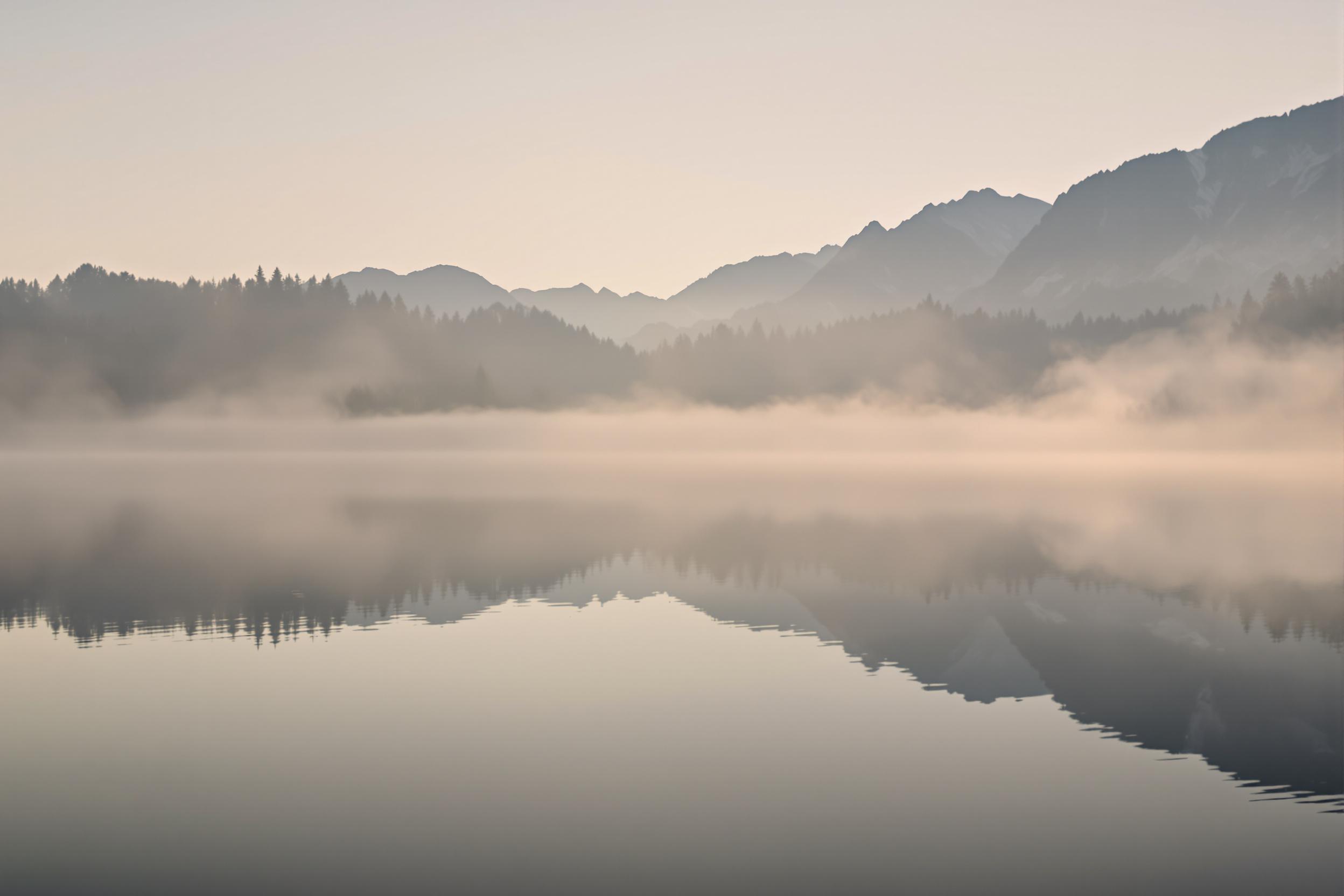 Experience tranquility with this high-resolution wallpaper capturing a serene mountain lake at dawn. Soft mist hovers over still waters, reflecting the silhouettes of distant peaks. The minimalist composition and muted color palette create a calming atmosphere perfect for digital devices.