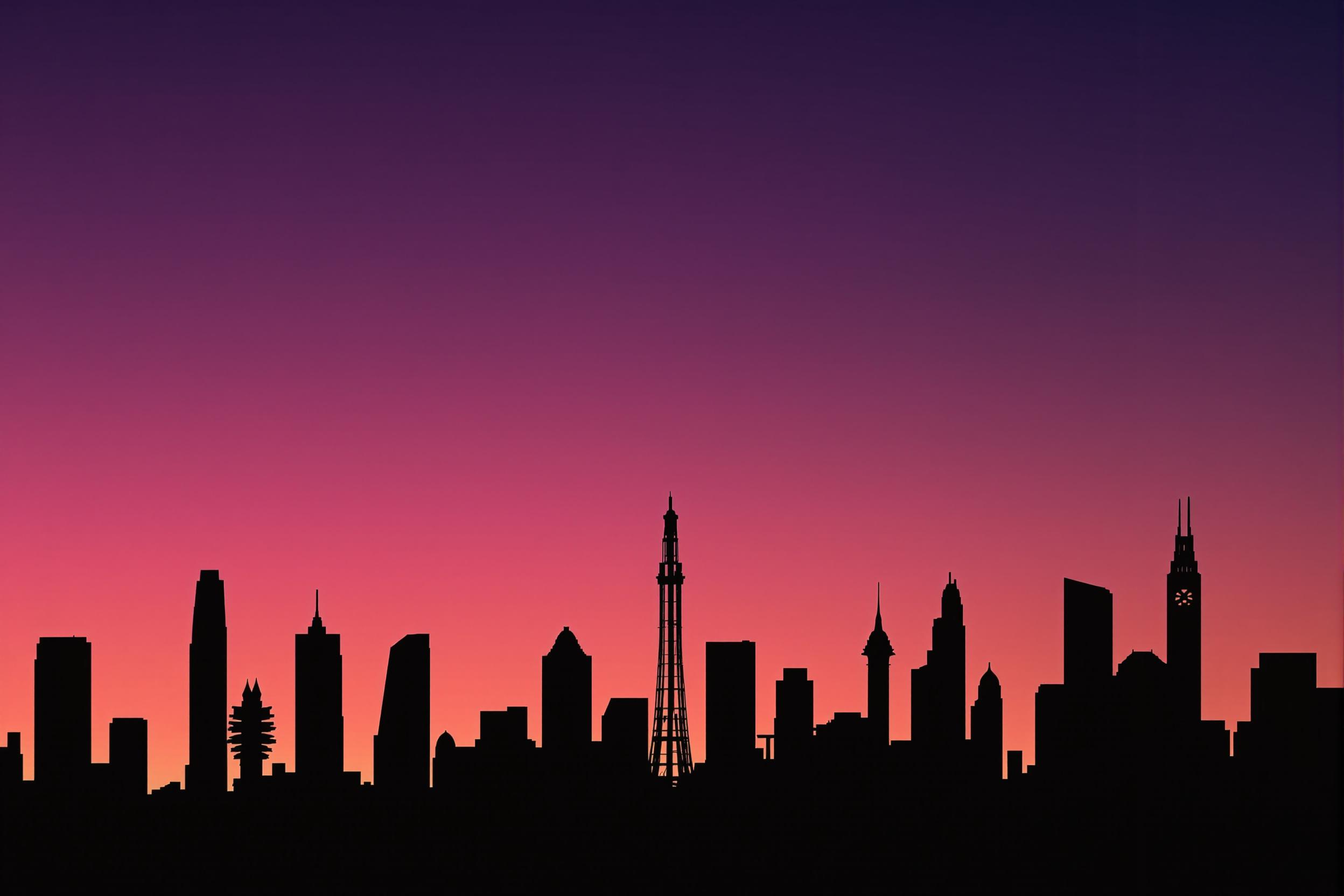 Striking urban skyline silhouette against a gradient twilight sky. Sleek skyscrapers and iconic landmarks create a captivating minimalist composition, perfect for modern device backgrounds. High-contrast cityscape wallpaper ideal for tech enthusiasts and urban design lovers.