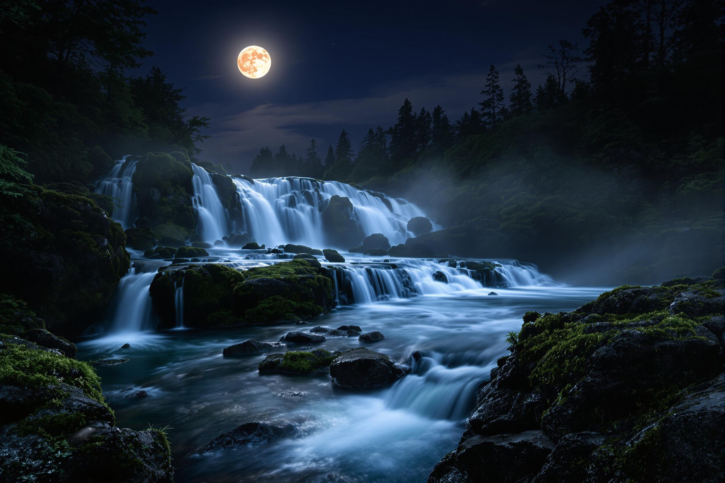 Discover tranquility with this captivating moonlit waterfall scene. Silvery cascades tumble over moss-covered rocks, illuminated by soft lunar glow. Mist rises, creating an ethereal atmosphere perfect for night-themed desktop backgrounds.