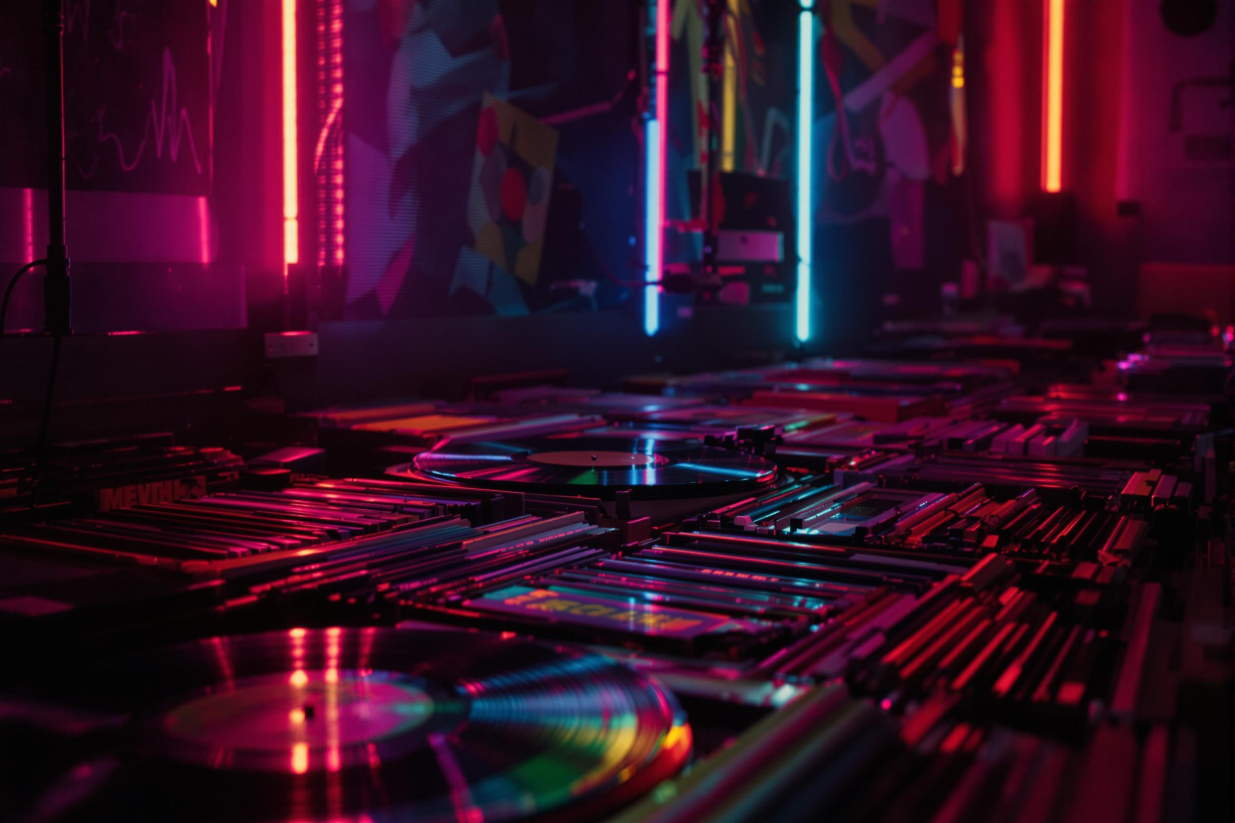 Explore the nostalgic charm of vinyl in this high-resolution wallpaper. A collection of vintage records basks in the glow of vibrant neon lights, creating a moody atmosphere that celebrates the timeless allure of analog music in a modern setting.