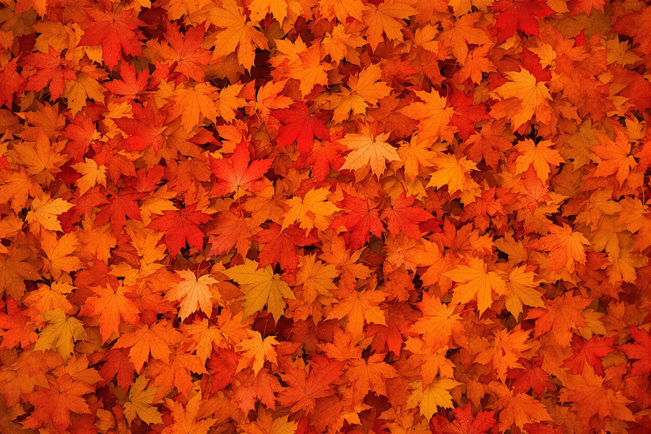 High-resolution wallpaper showcasing a mesmerizing mosaic of vibrant autumn leaves. Rich reds, oranges, and golds create a warm, textured pattern perfect for seasonal desktop backgrounds or nature-inspired design projects.