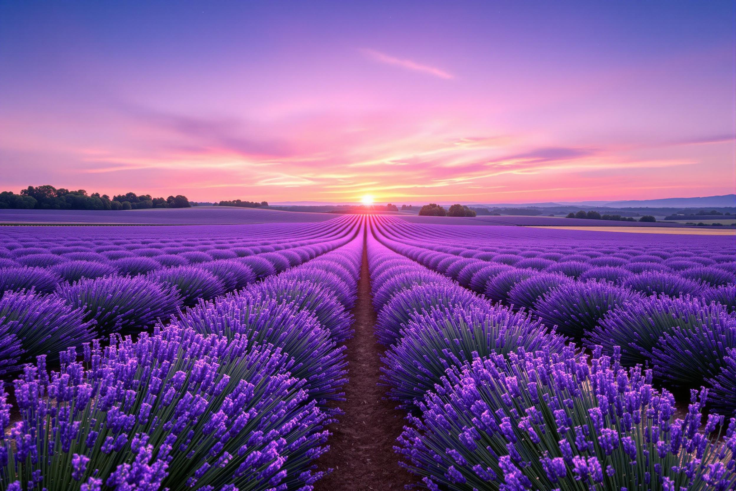 Immerse yourself in the tranquil beauty of endless lavender fields bathed in the soft glow of twilight. This captivating wallpaper showcases rows of fragrant purple blooms stretching towards the horizon, creating a soothing and dreamlike landscape perfect for digital devices.