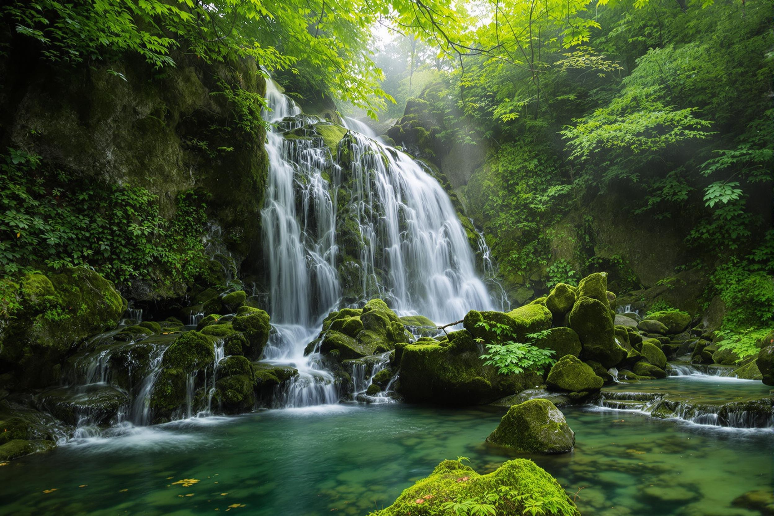 Discover serenity in this enchanting high-resolution wallpaper featuring a hidden forest waterfall veiled in ethereal mist. Soft, diffused light filters through the canopy, illuminating the cascading water and lush moss-covered rocks, creating a dreamy atmosphere perfect for nature lovers and meditation enthusiasts.