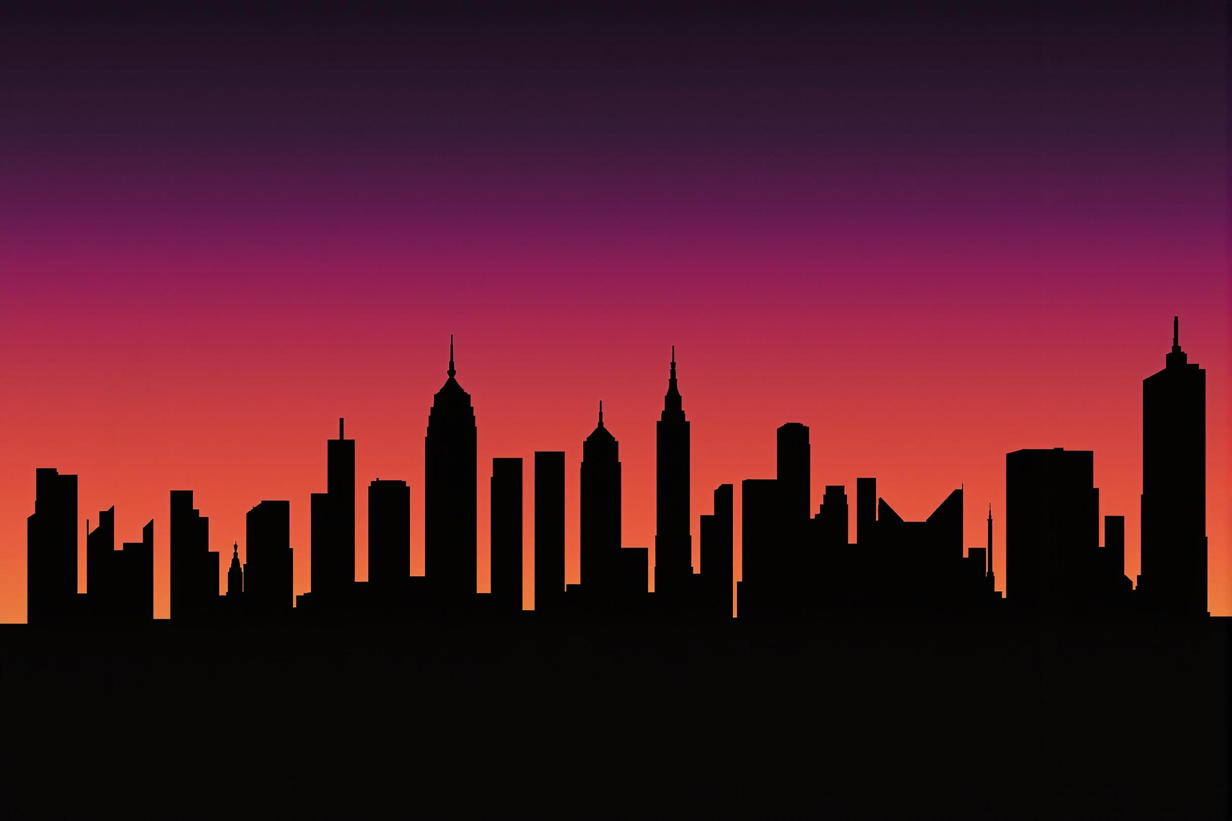 A striking urban skyline silhouette against a gradient twilight sky. Sleek skyscrapers and architectural marvels create a captivating minimalist composition, perfect for modern desktop and mobile wallpapers.