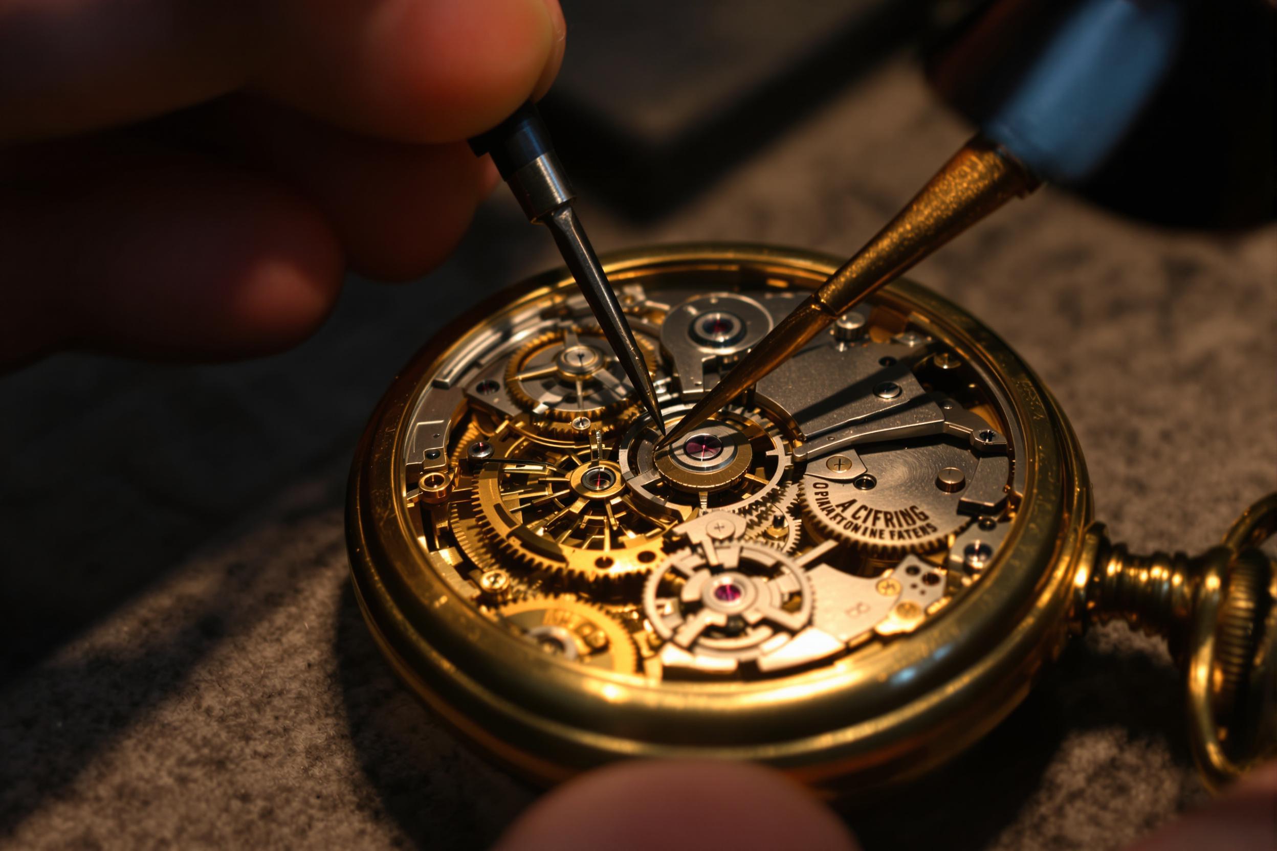 A craftsman's fingers maneuver precise tools over the exposed inner workings of an antique pocket watch. Warm light from a desk lamp highlights tiny spinning gears, polished metal surfaces, and engraved designs. The tools meet delicate grooves under soft, tactile shadows, creating a sense of intricate, timeless workmanship.