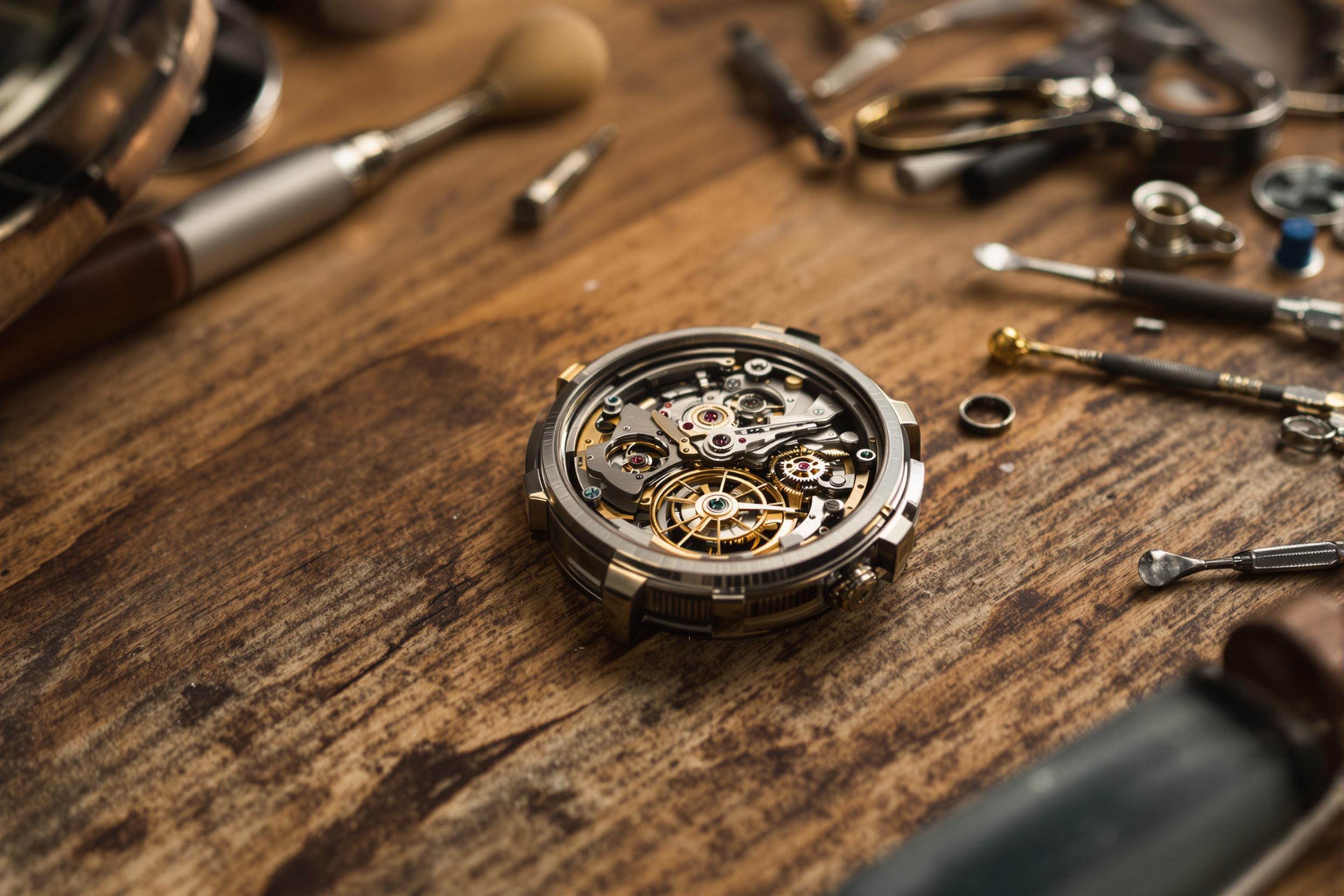 An artisan watchmaker's workspace filled with finely crafted tools and a half-disassembled mechanical watch. A close-up shot reveals precision instruments carefully laid out against the textured grain of an aged wooden table. Soft, warm studio lighting highlights the inner mechanics of the timepiece, emphasizing metallic textures and intricate craftsmanship.