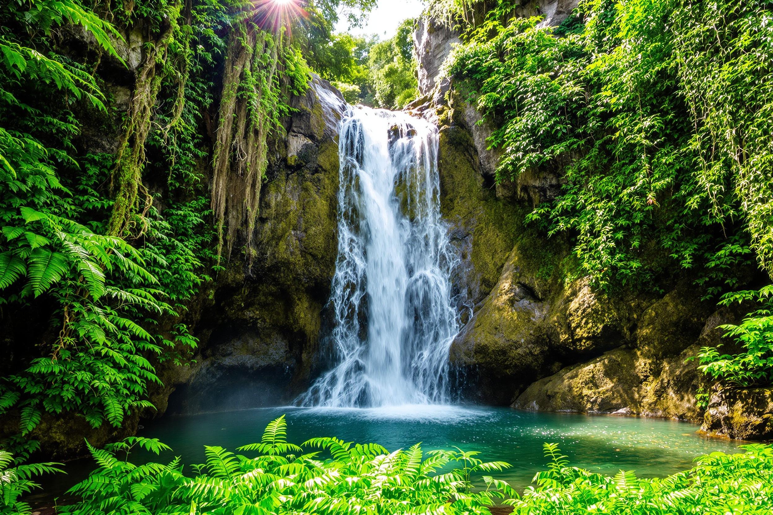 Within a lush tropical rainforest, water cascades down jagged, moss-covered rocks, forming a powerful waterfall that glimmers under shafts of sunlight breaking through the canopy above. Vibrant green ferns and hanging vines surround the scene, contrasting against the mist rising from the base of the falls. A serene pond in the foreground mirrors the verdant surrounds.