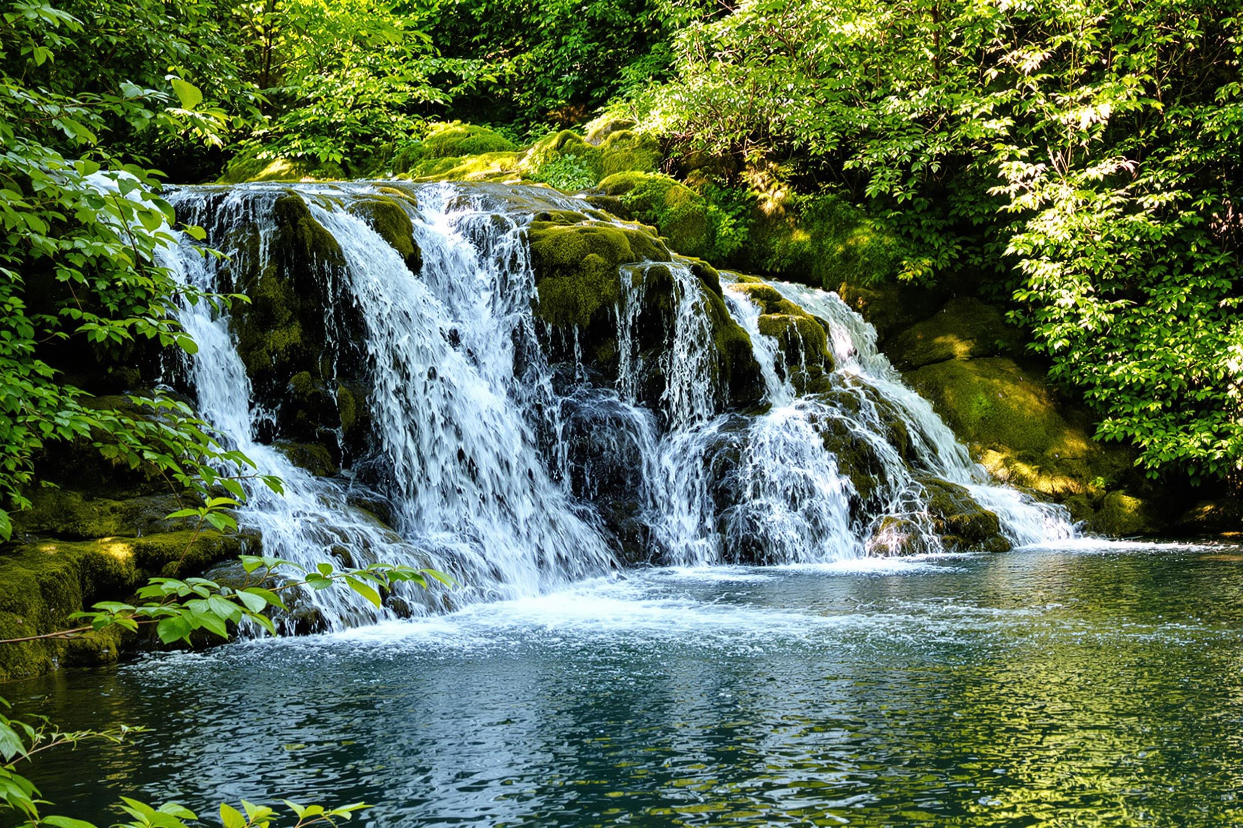 A serene waterfall tumbles gracefully over moss-covered rocks, surrounded by lush green vegetation. Late afternoon sunlight filters through the canopy, casting dappled light patterns on the water. The lush foliage frames the scene, enhancing the vibrant hues of greens and the crystal-clear blue of the cascading water. Gentle ripples and splashes of water create a soothing soundscape, inviting tranquility.