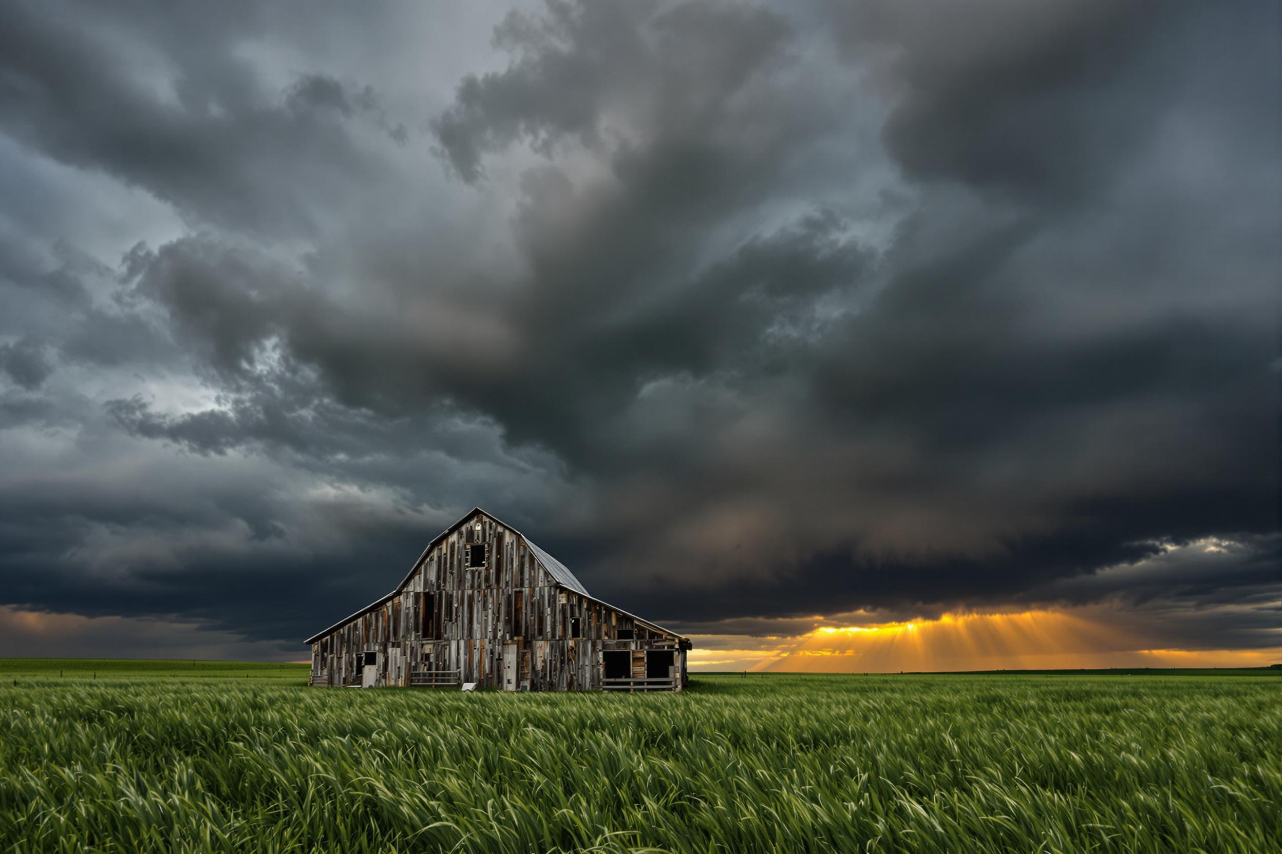 Before an impending storm, a solitary weathered barn stands proudly in an emerald-green pasture. The textured wooden siding bears the scars of time, surrounded by wind-swept grass under shadowy, swirling storm clouds. Golden hour sunlight peeks through the gloom, casting warm highlights on the barn's rustic façade amid deepening atmospheric tension.